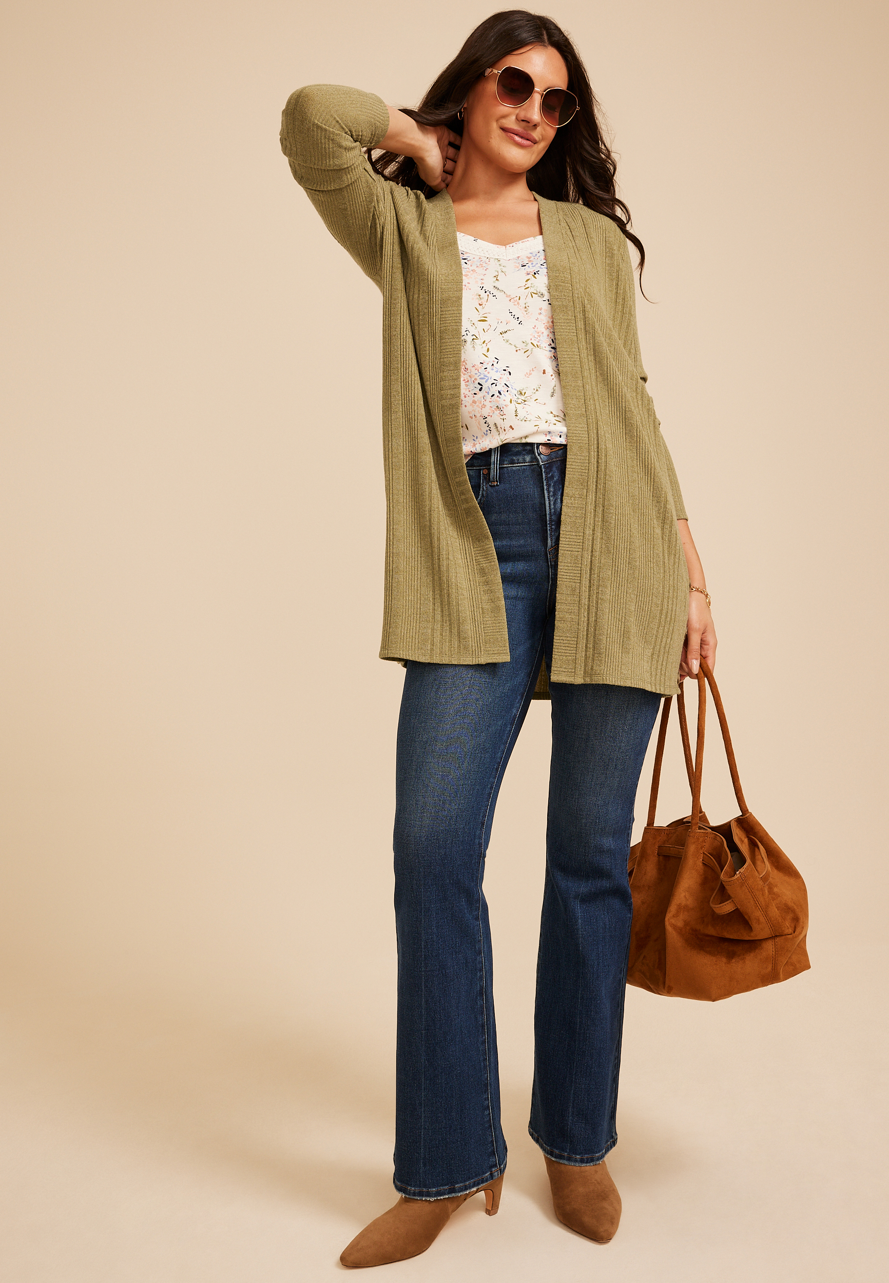 Ribbed Hacci Side Button Open Front Duster Cardigan