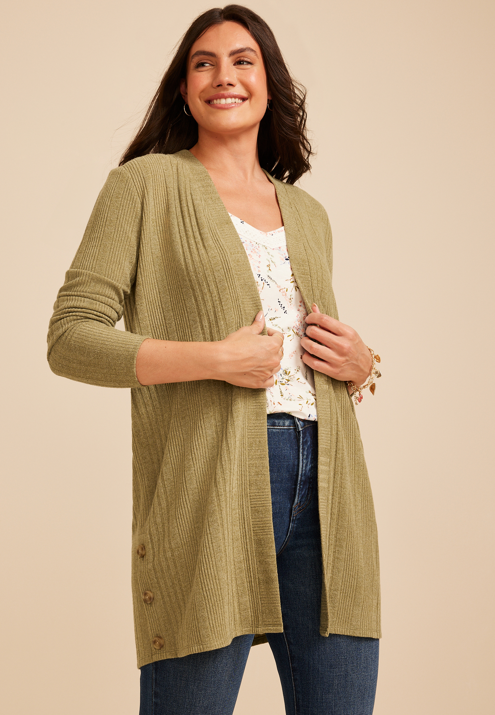 Ribbed Hacci Side Button Open Front Duster Cardigan, C774, large