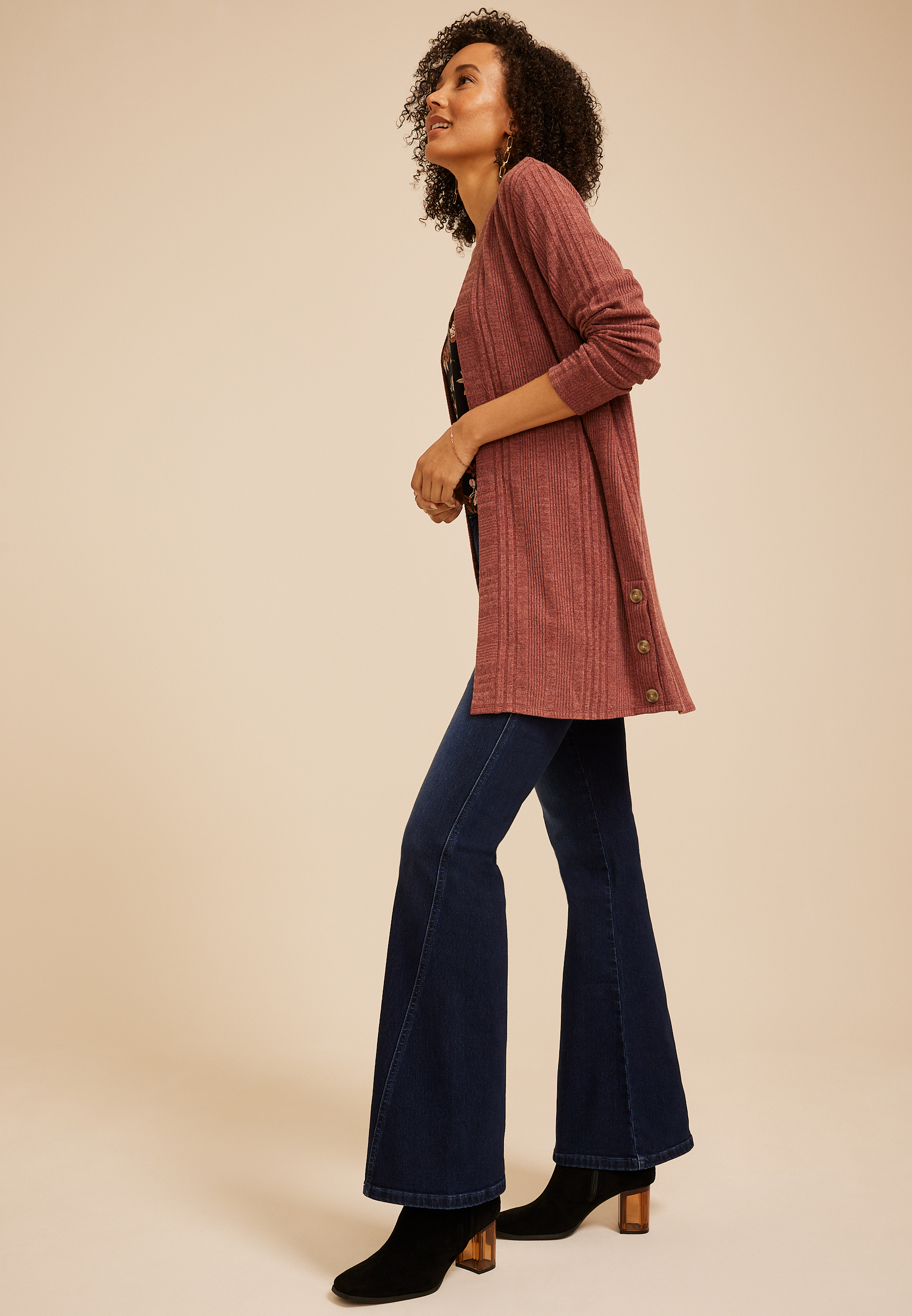 Ribbed Hacci Side Button Open Front Duster Cardigan