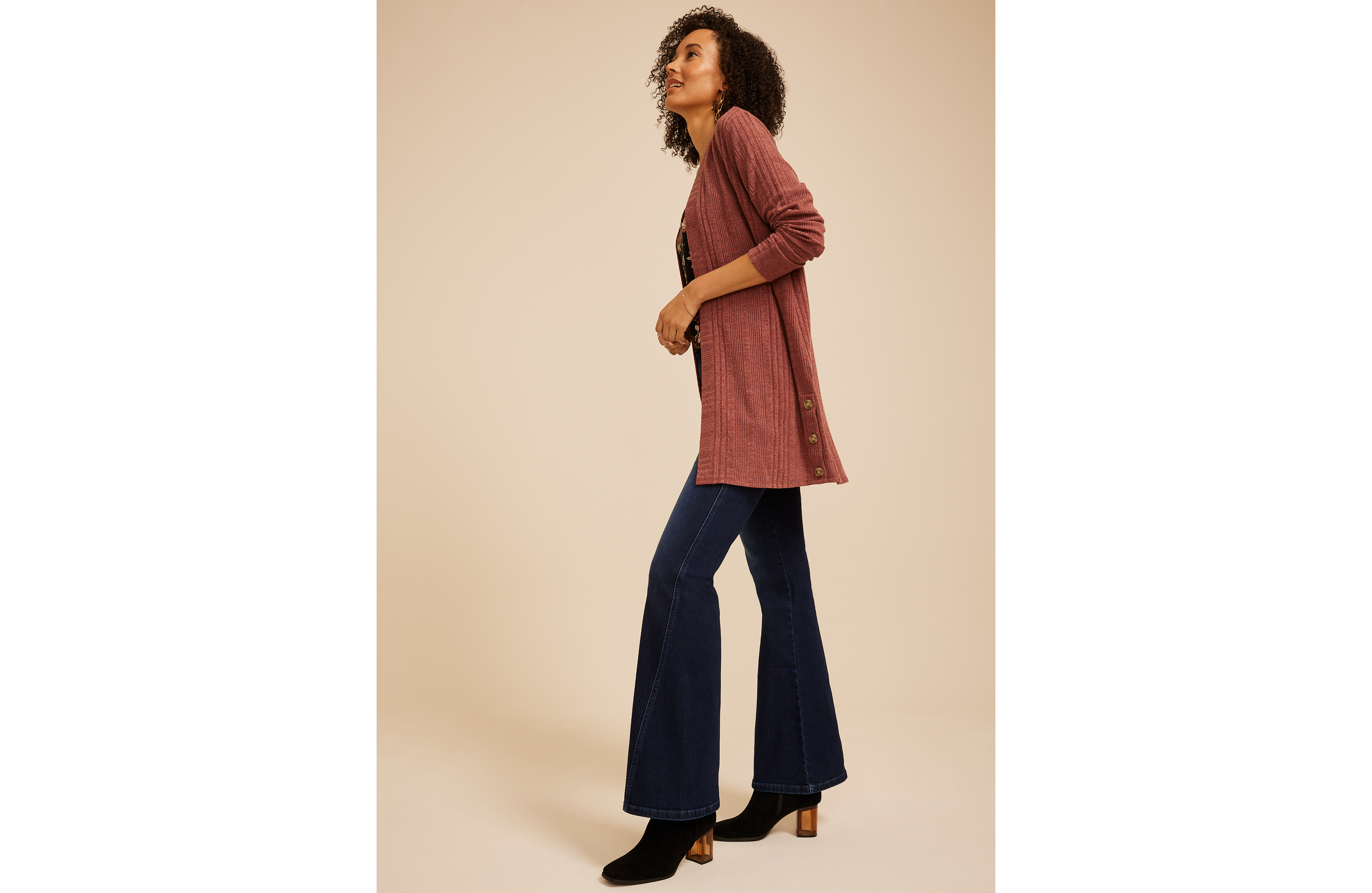 Ribbed Hacci Side Button Open Front Duster Cardigan