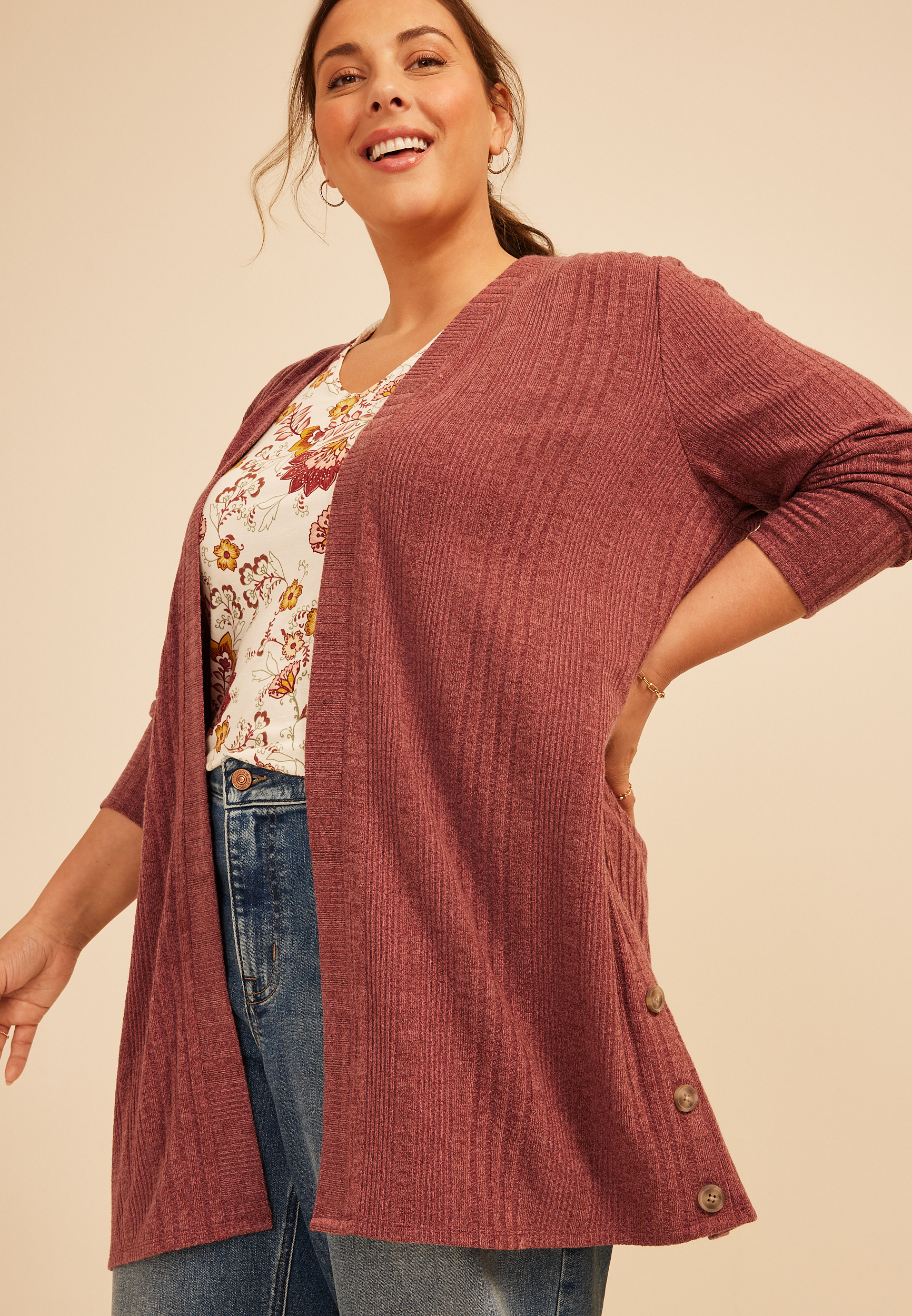 Plus Size Ribbed Hacci Side Button Open Front Duster Cardigan