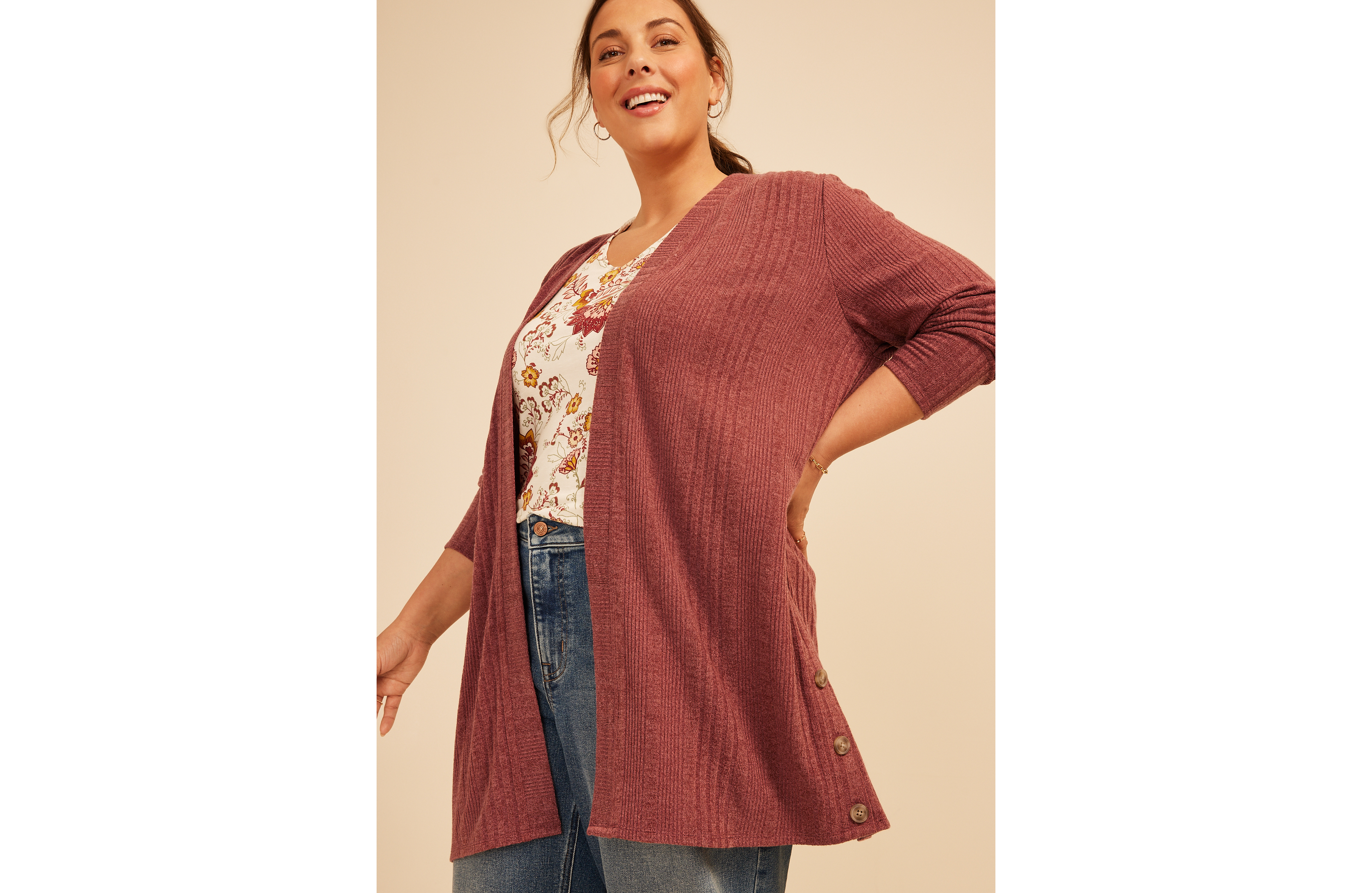 Plus Ribbed Hacci Side Button Open Front Duster Cardigan