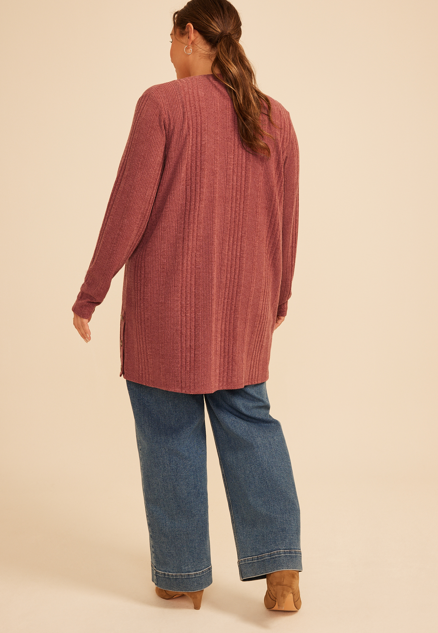 Plus Size Ribbed Hacci Side Button Open Front Duster Cardigan, C9585, large