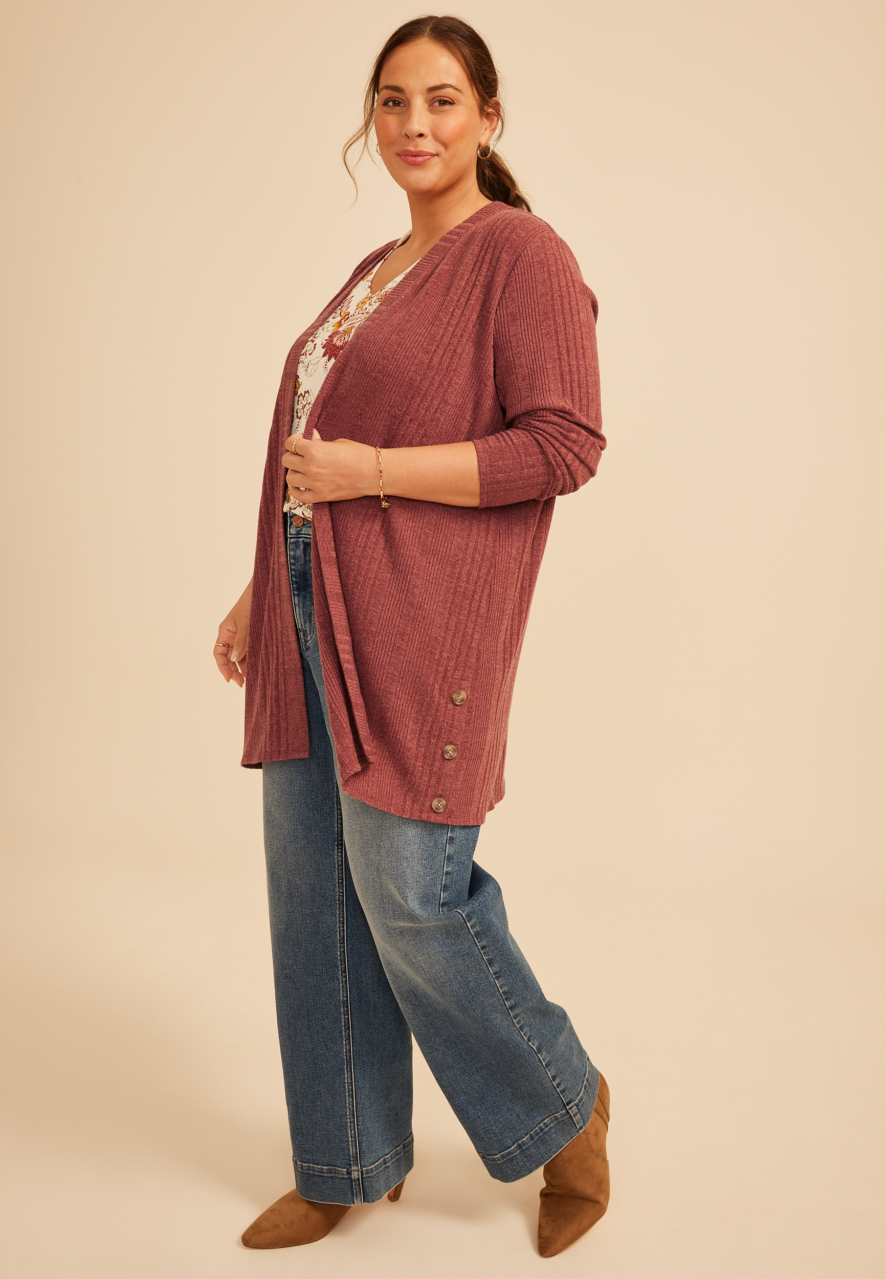 Plus Size Ribbed Hacci Side Button Open Front Duster Cardigan, C9585, large