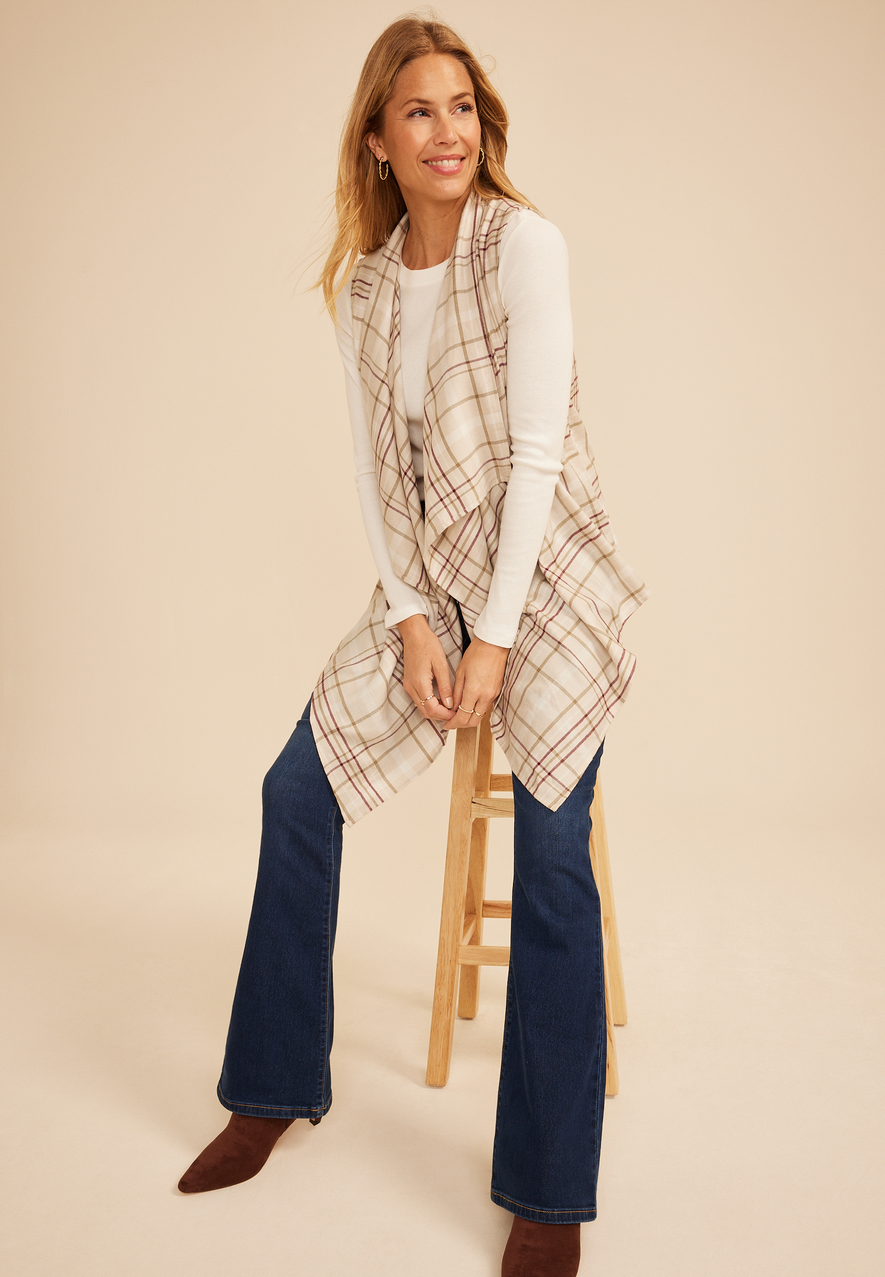 Plaid Open Front Waterfall Vest