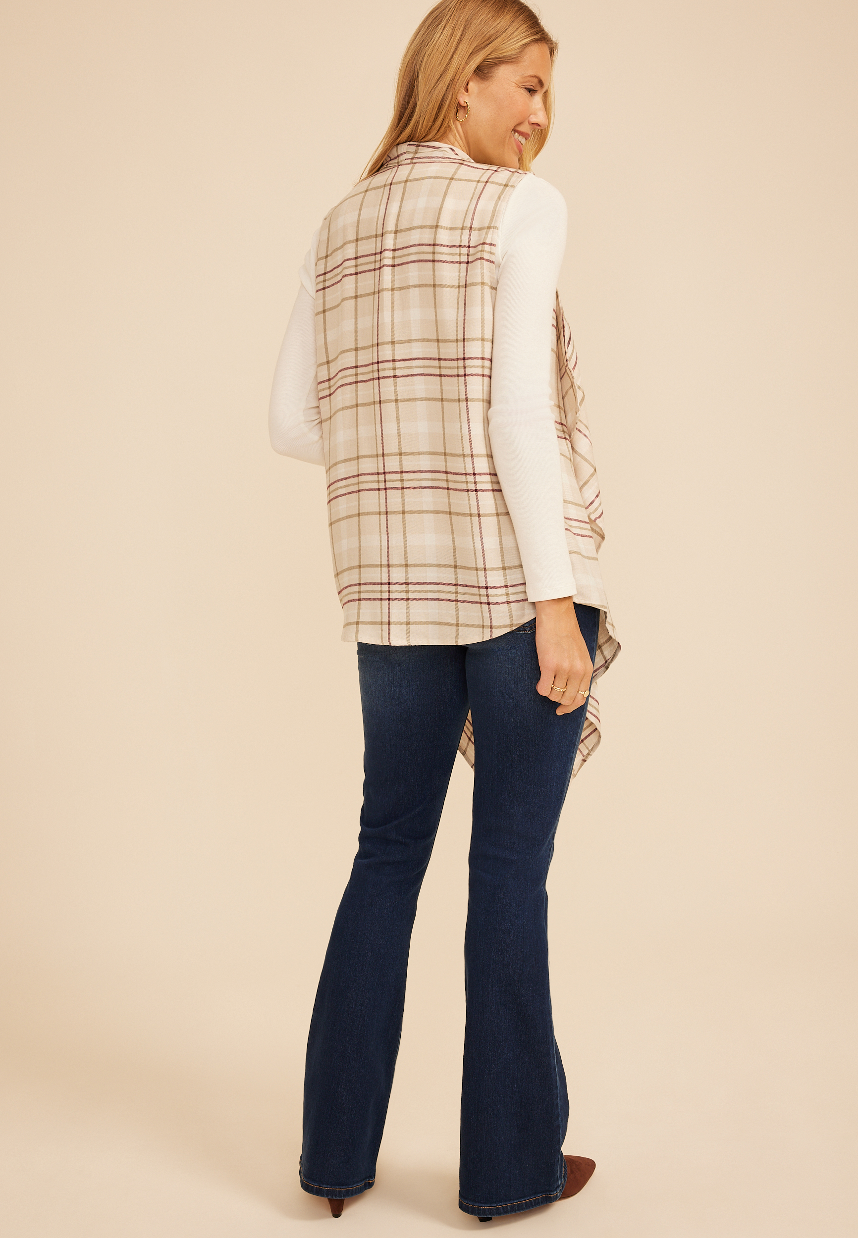 Plaid Open Front Waterfall Vest, C1318, large