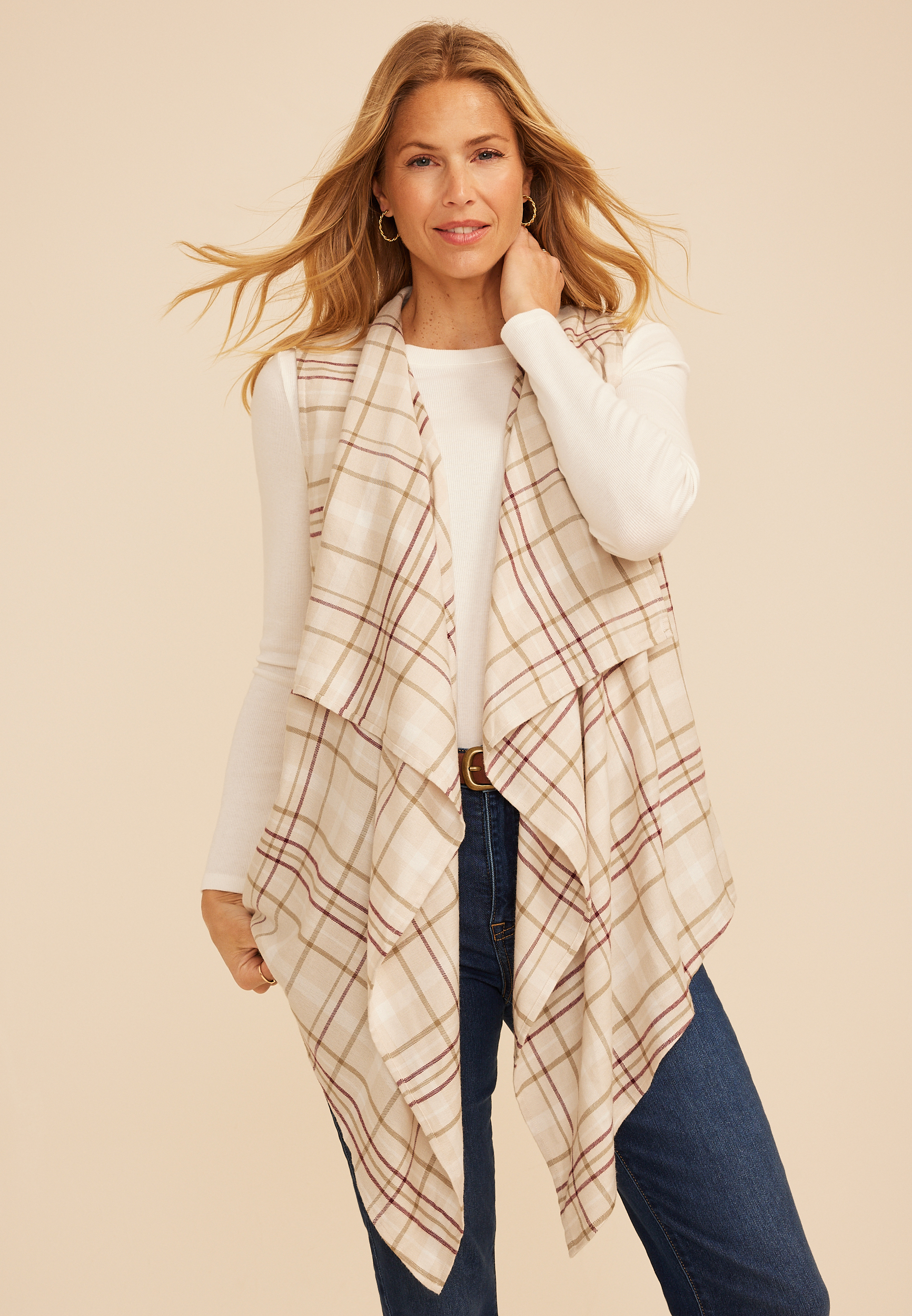 Plaid Open Front Waterfall Vest, C1318, large