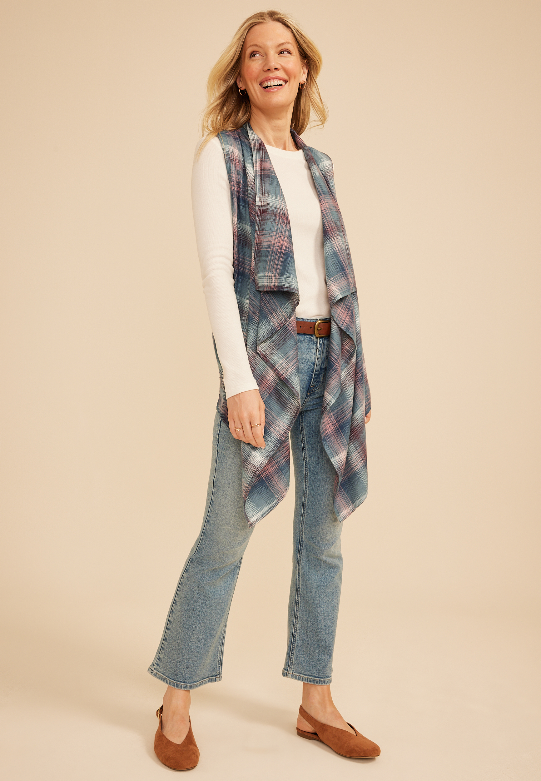 Plaid Open Front Waterfall Vest