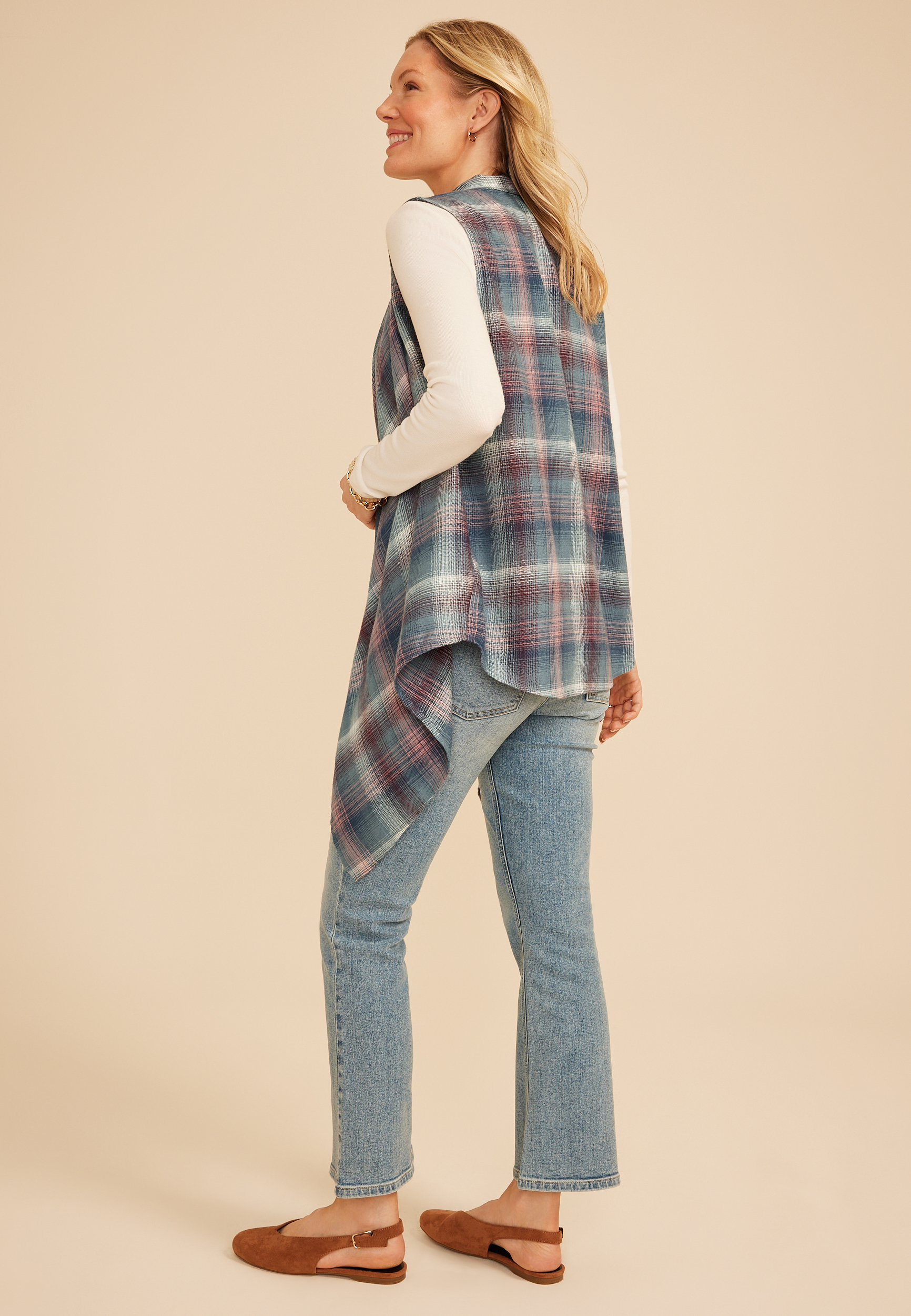 Plaid Open Front Waterfall Vest - thumbnail 2