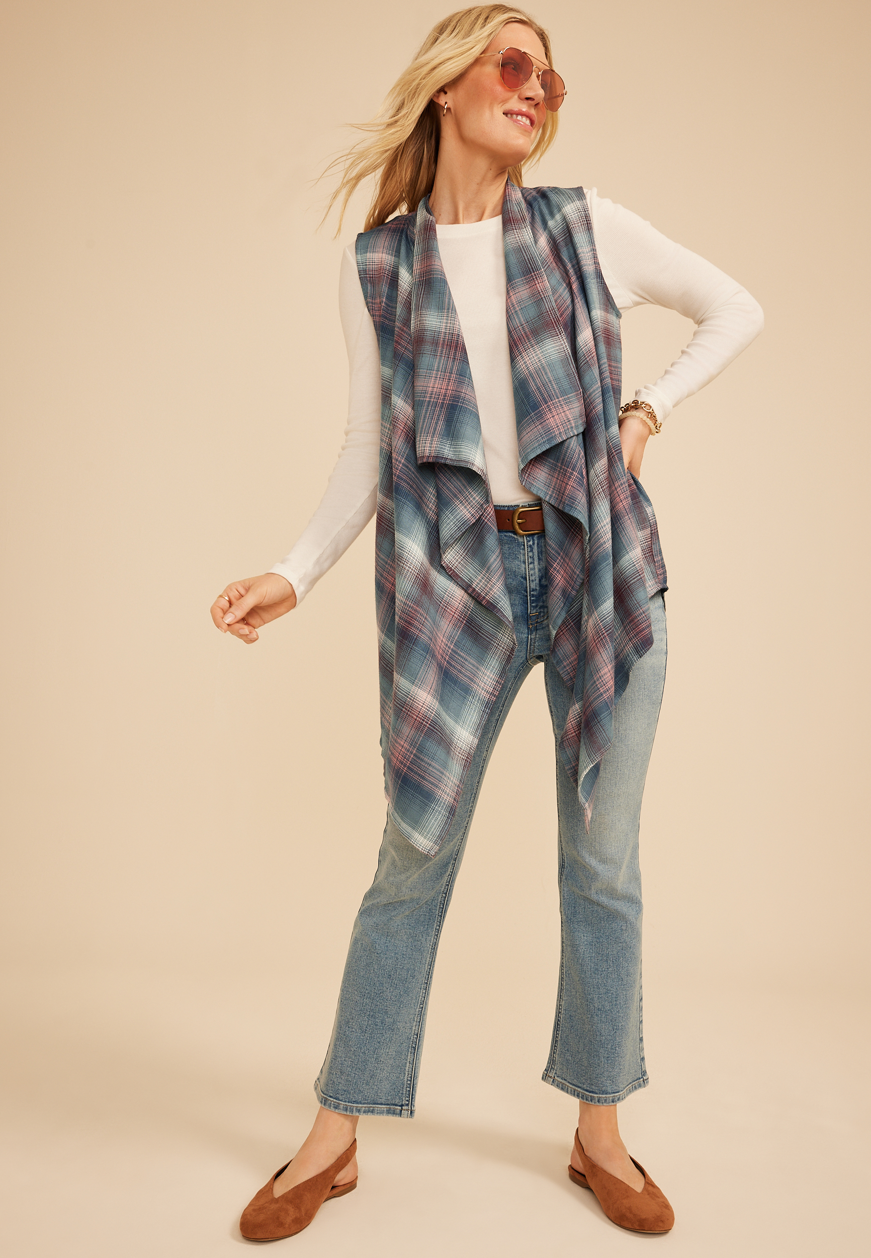 Plaid Open Front Waterfall Vest - thumbnail 3