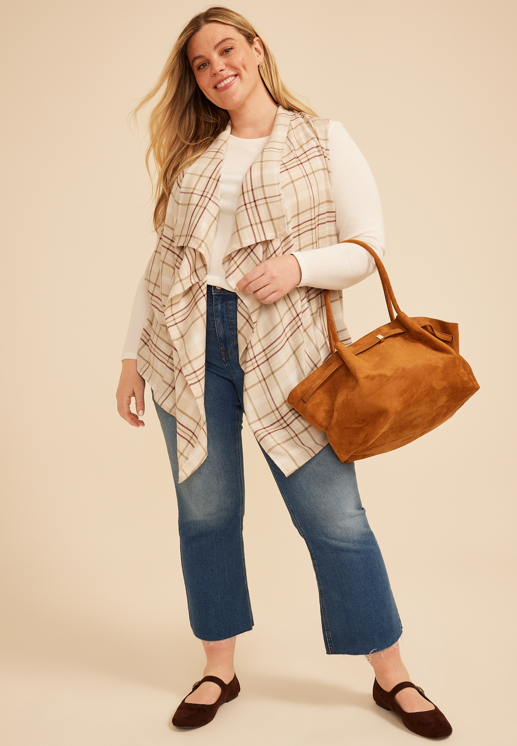 Plus Size Plaid Open Front Waterfall Vest, C1318, large