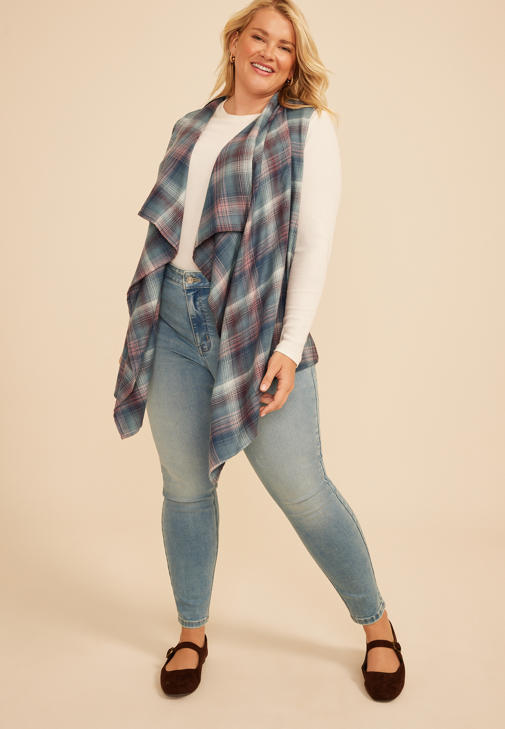 Plus Size Plaid Open Front Waterfall Vest
