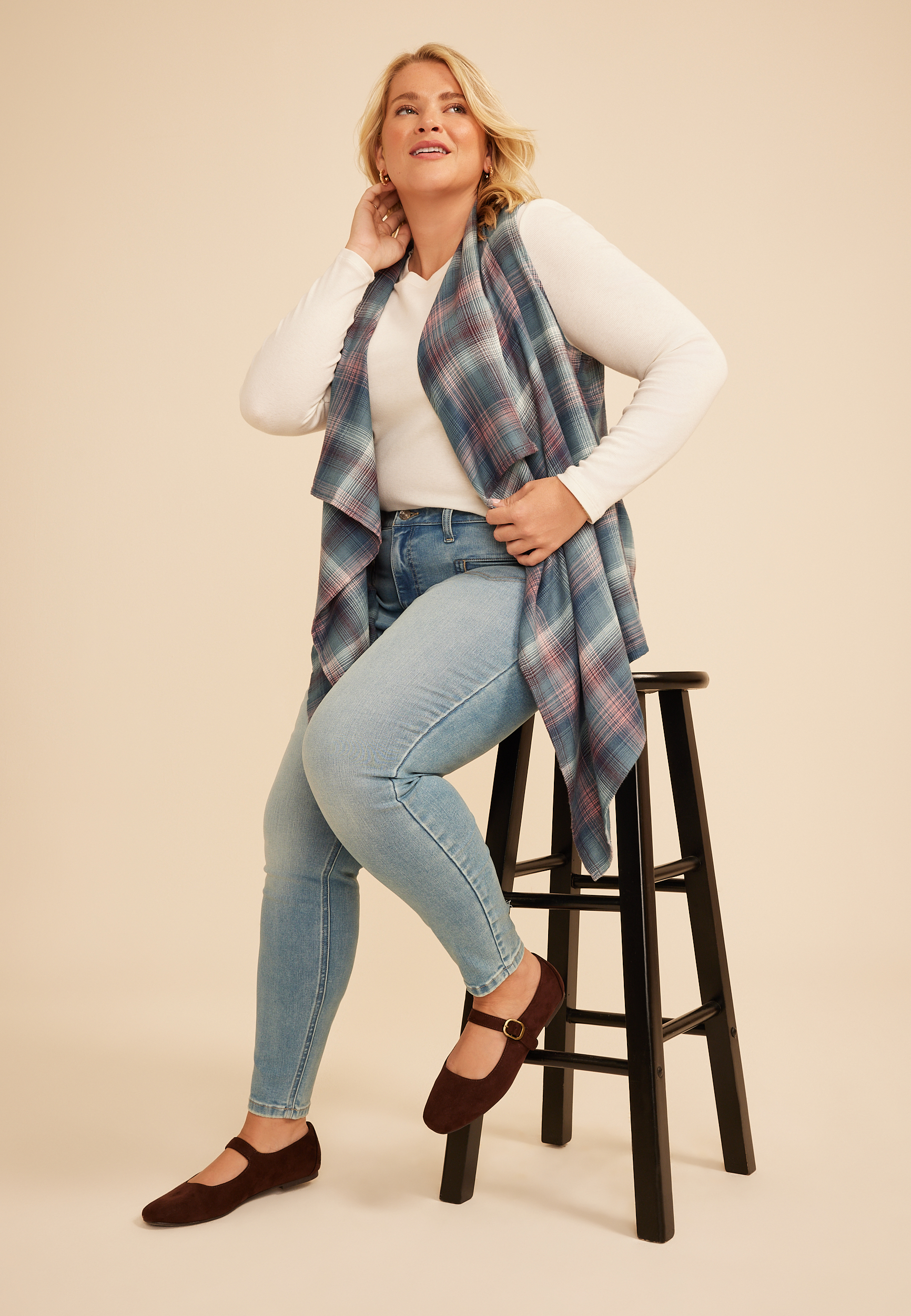 Plus Size Plaid Open Front Waterfall Vest - thumbnail 3
