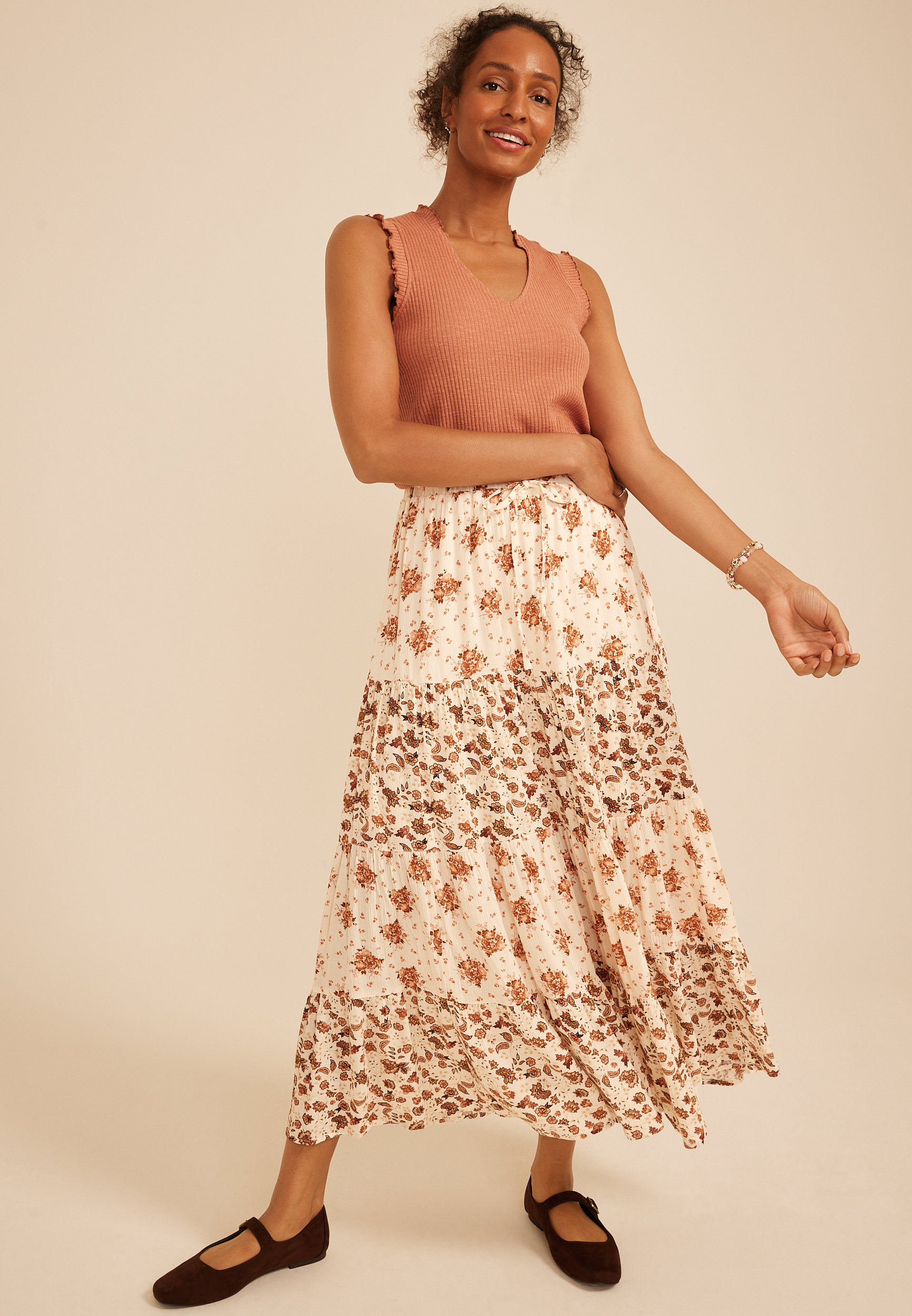 Mixed Floral Tiered Maxi Skirt