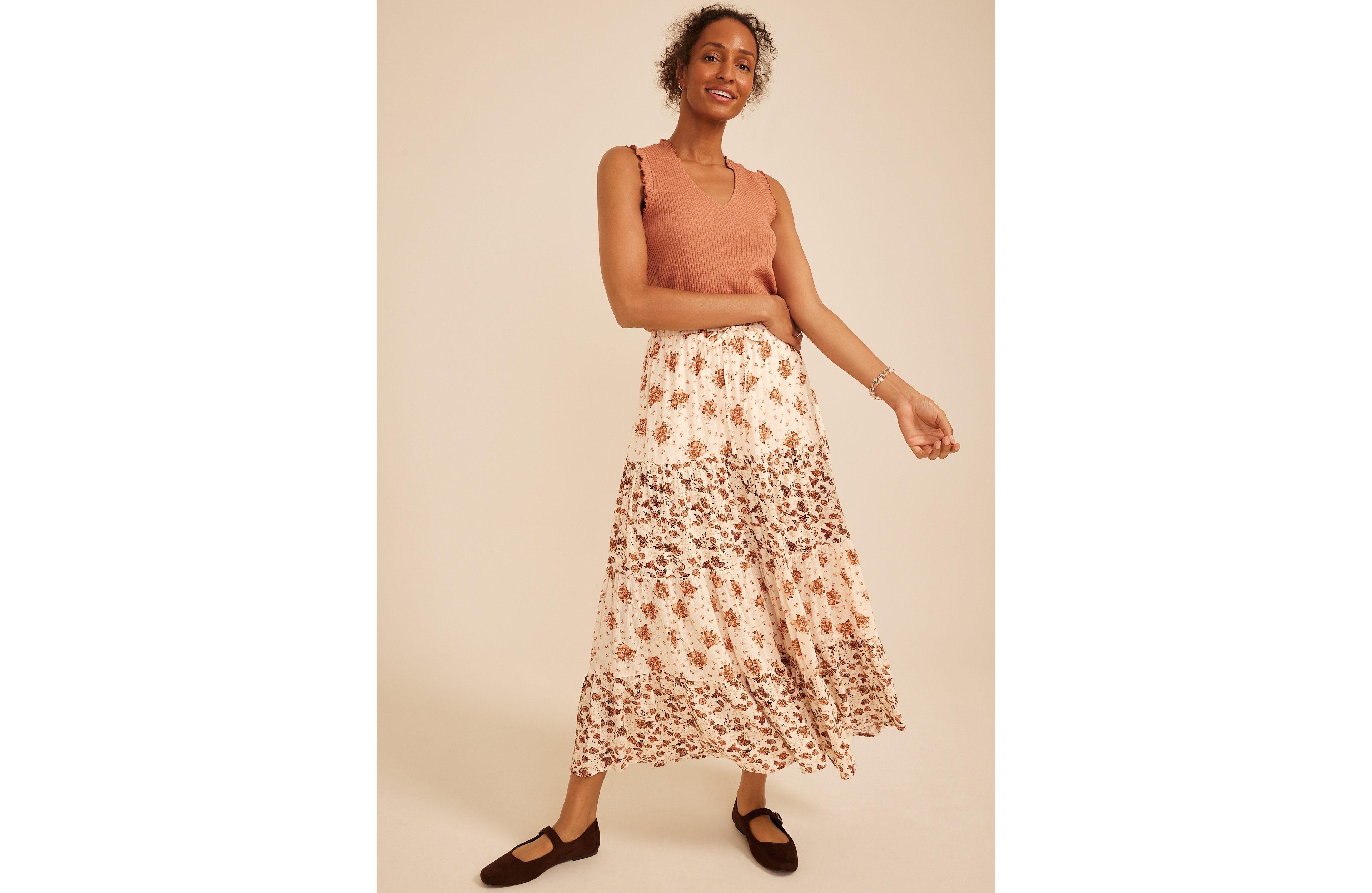 Mixed Floral Tiered Maxi Skirt