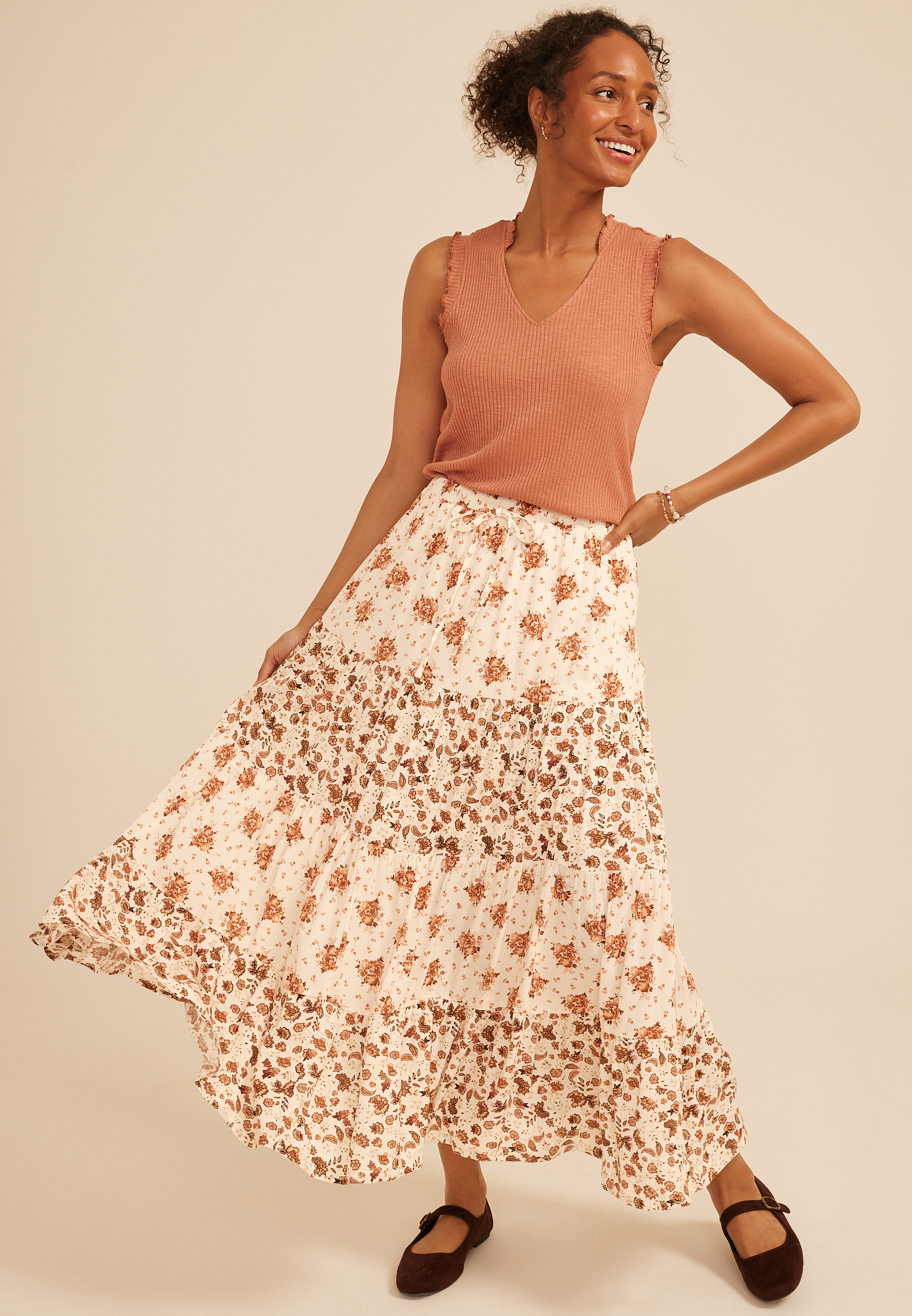 Mixed Floral Tiered Maxi Skirt | maurices