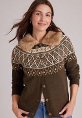 Fair Isle Removable Faux Fur Trim Cardigan, C3681, small