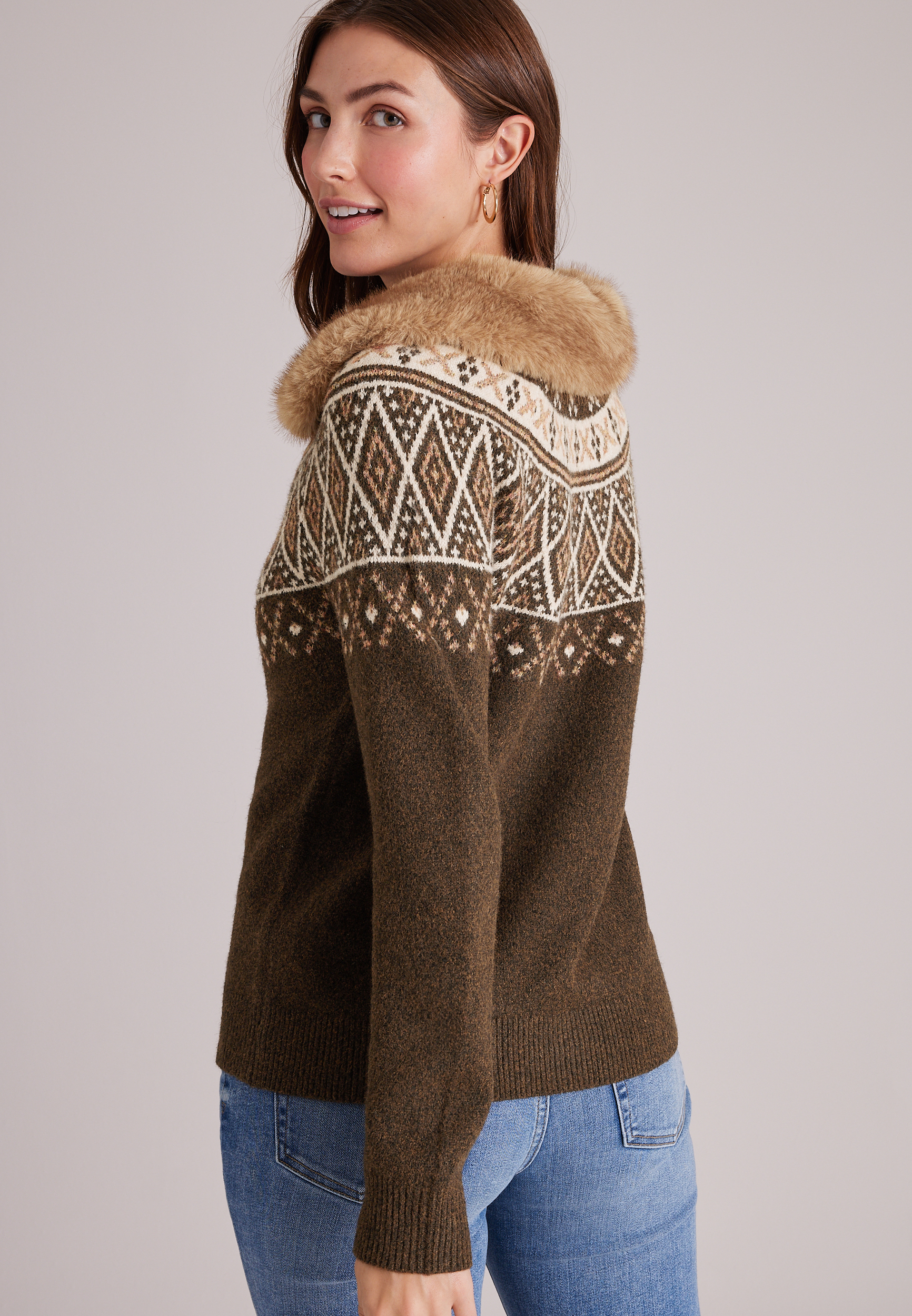 Fair Isle Removable Faux Fur Trim Cardigan, C3681, large