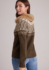 Fair Isle Removable Faux Fur Trim Cardigan, C3681, small
