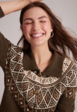 Fair Isle Removable Faux Fur Trim Cardigan, C3681, small