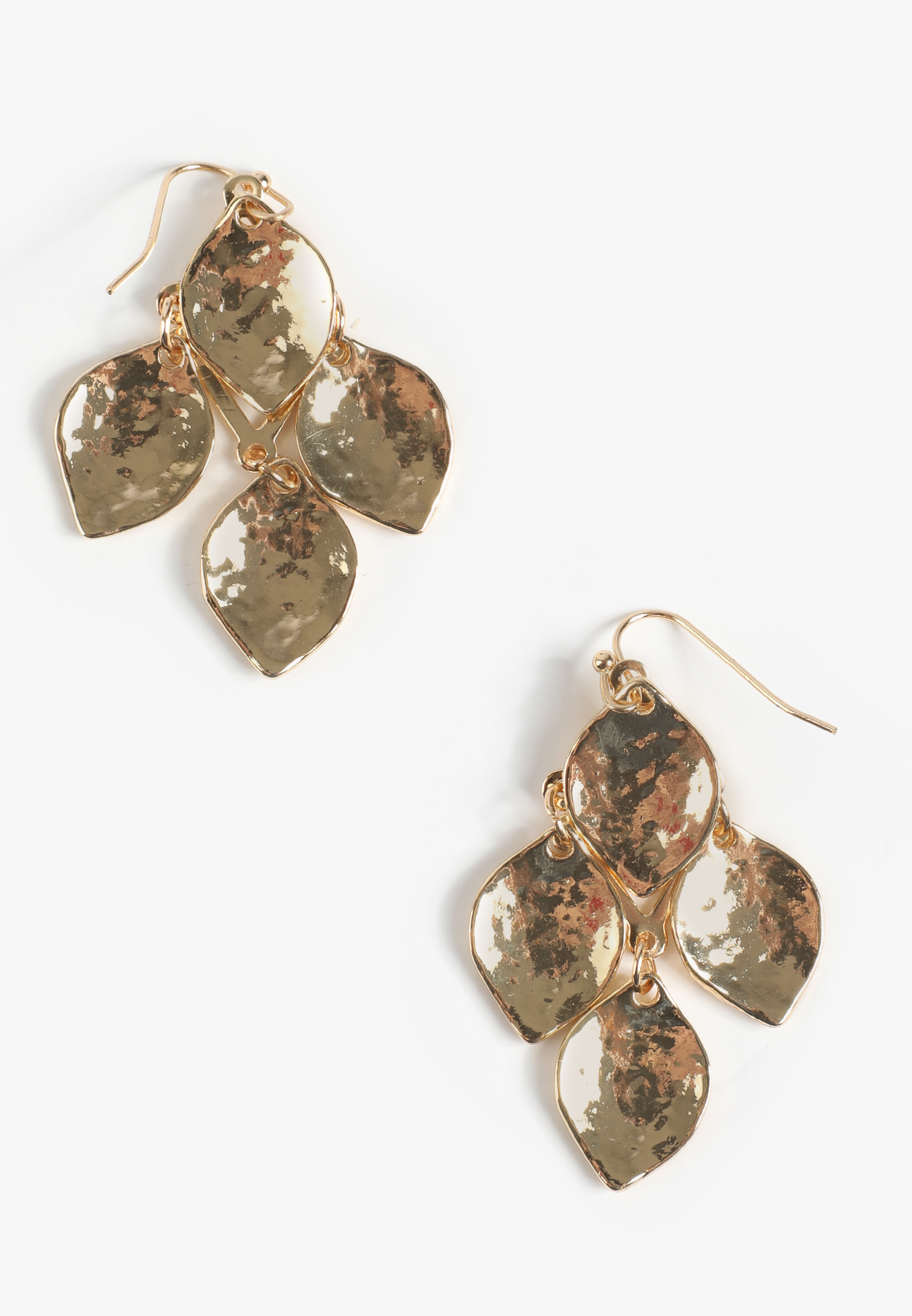 Gold Hammered Leaf Cluster Drop Earrings