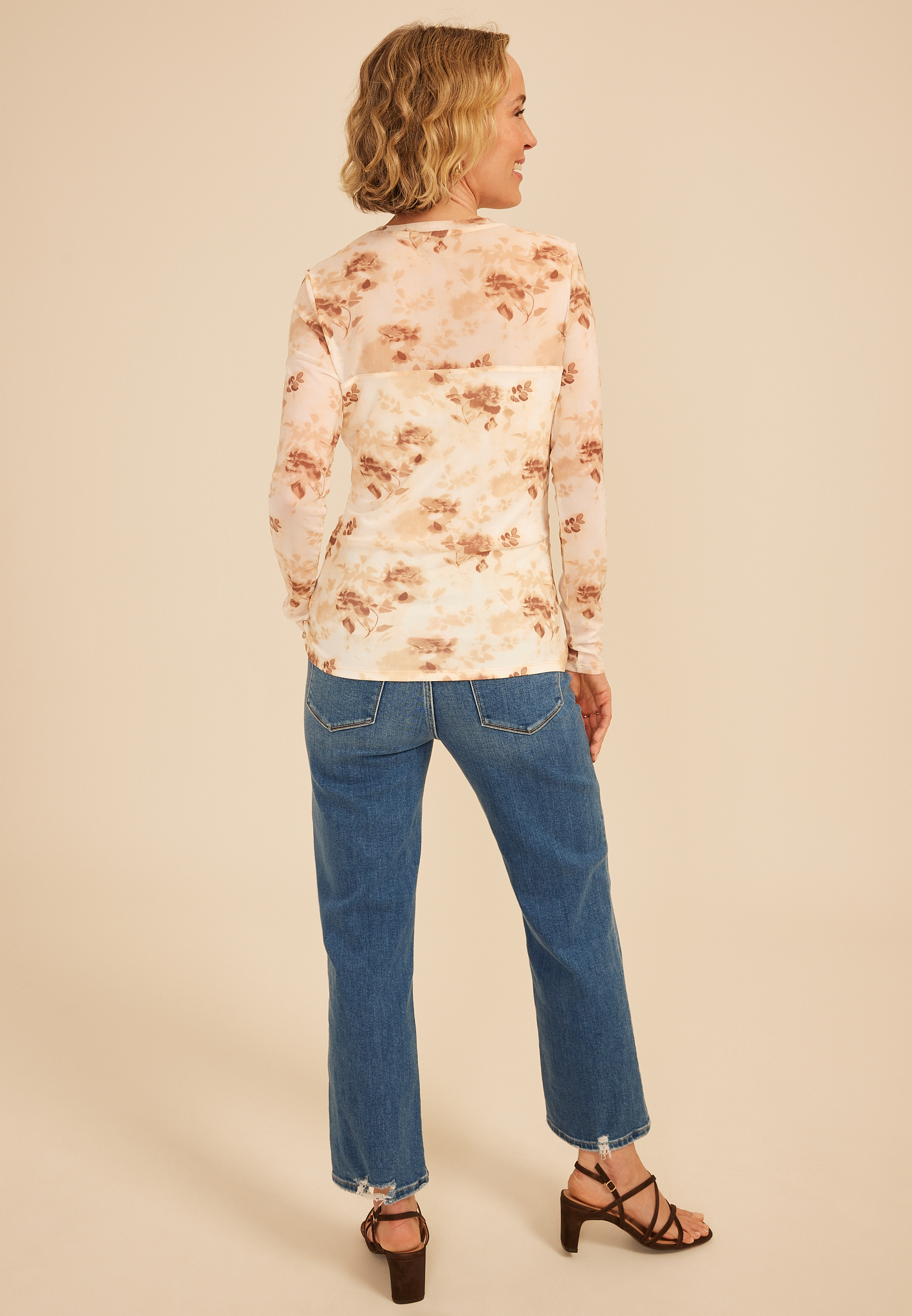 Floral Mesh Long Sleeve Top, C1524, large