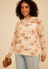Plus Size Floral Mesh Long Sleeve Top, C1524, small