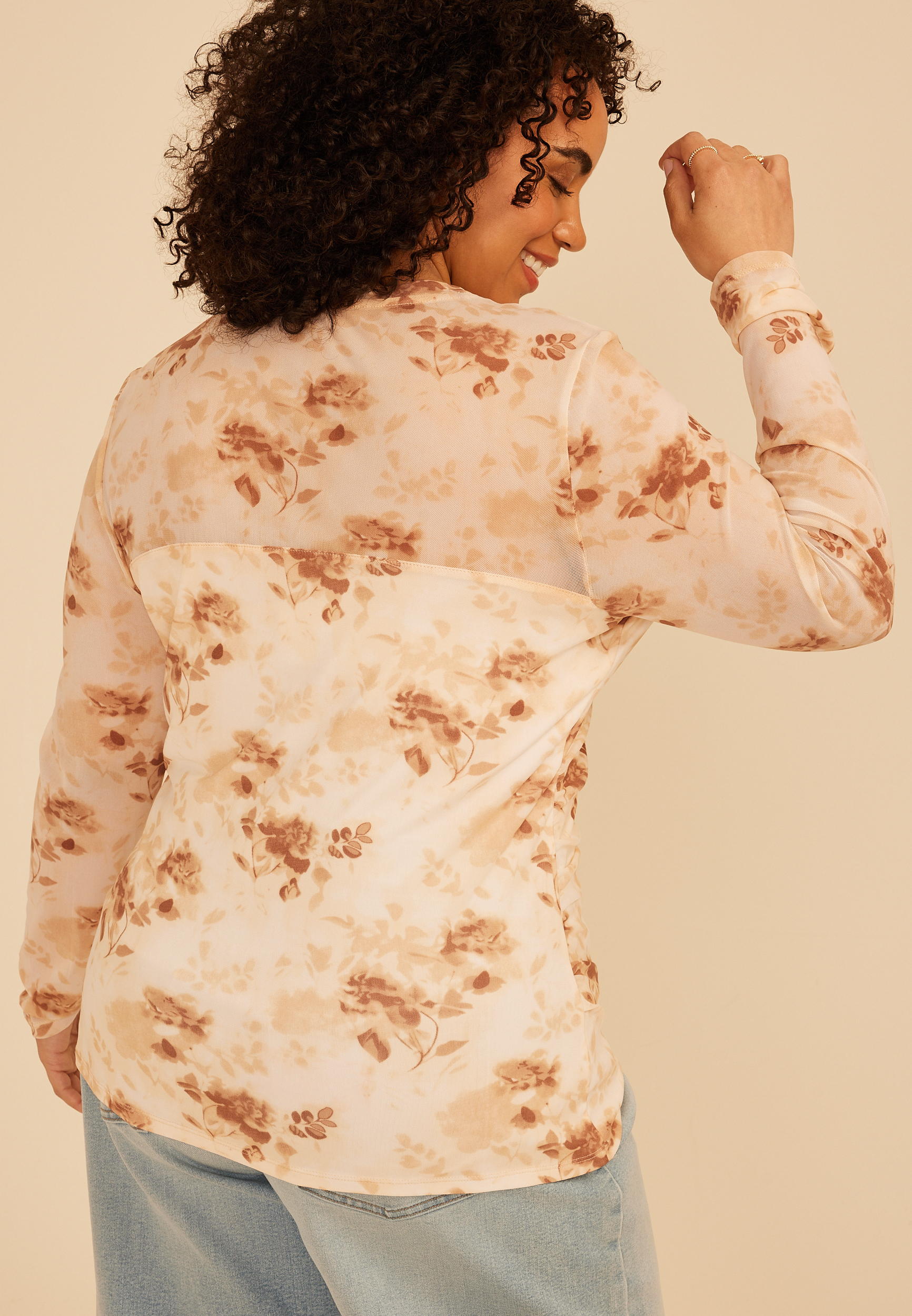 Plus Size Floral Mesh Long Sleeve Top, C1524, large
