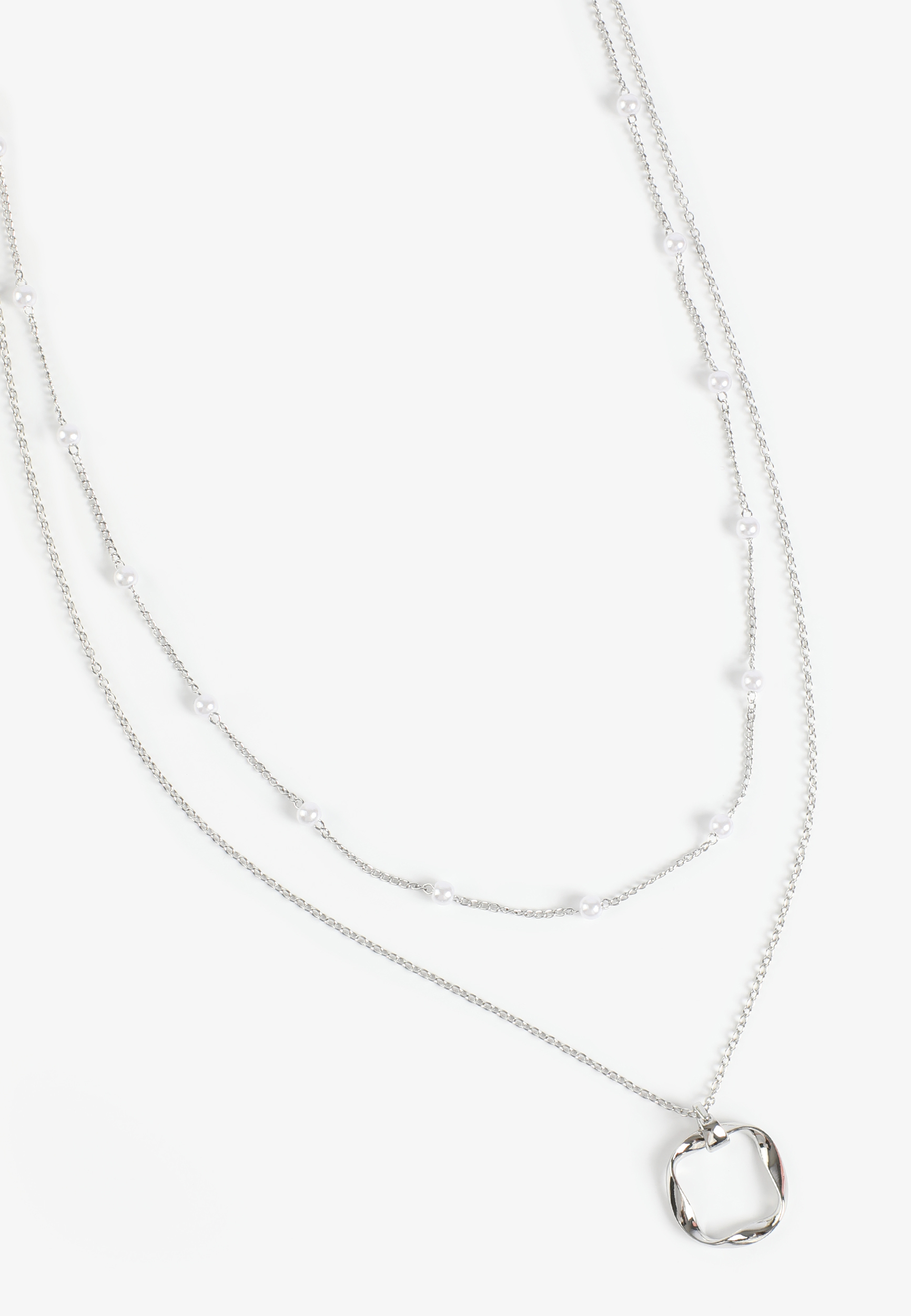Silver Faux Pearl Twisted Square Pendant Necklace