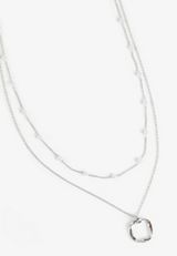 Silver Faux Pearl Twisted Square Pendant Layered Necklace, C431, small