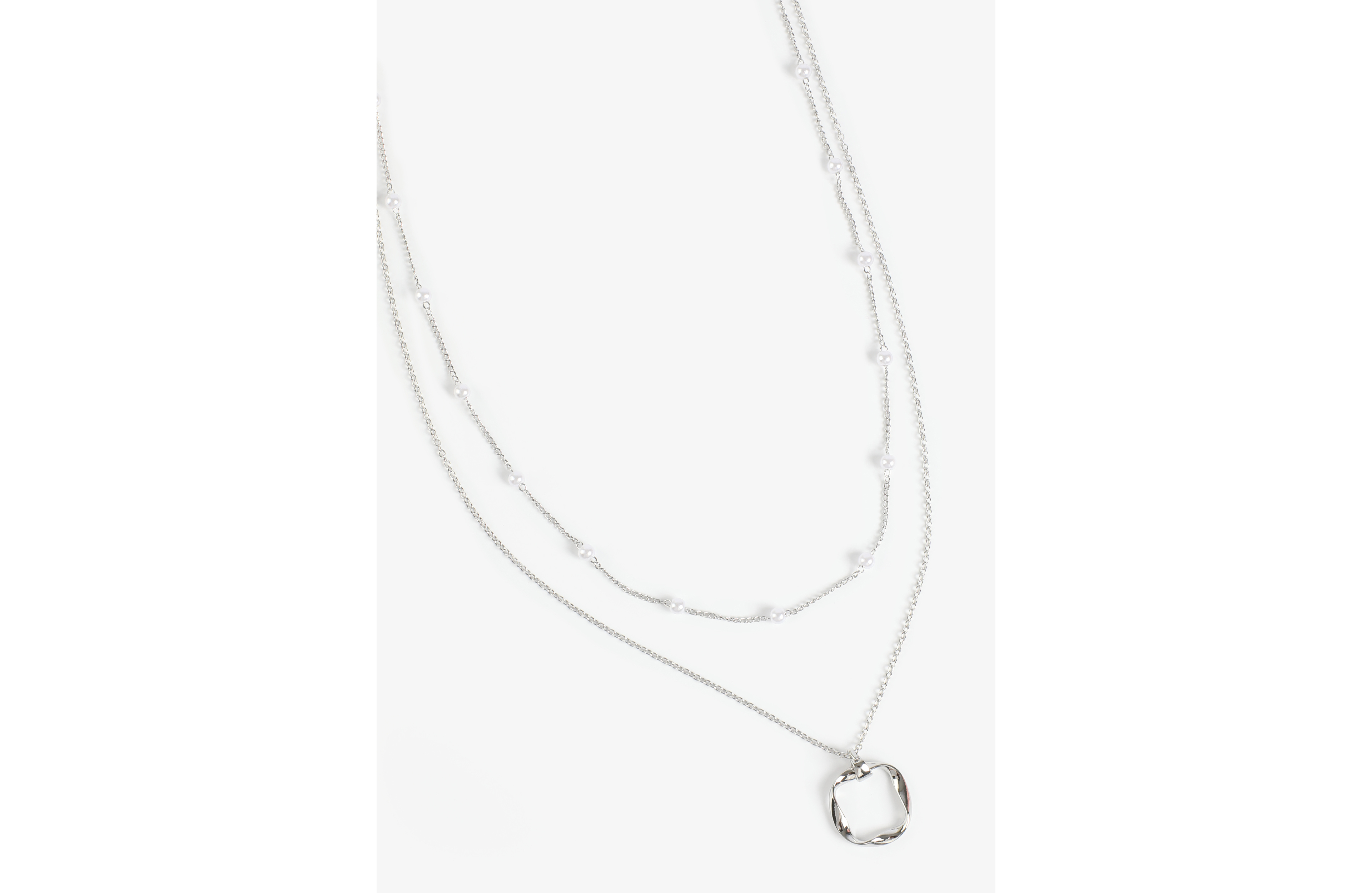 Silver Faux Pearl Twisted Square Pendant Layered Necklace