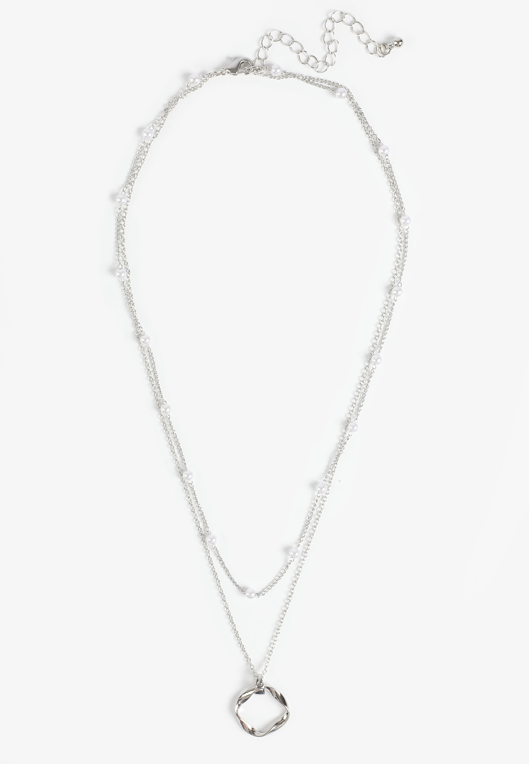 Silver Faux Pearl Twisted Square Pendant Layered Necklace, C431, large