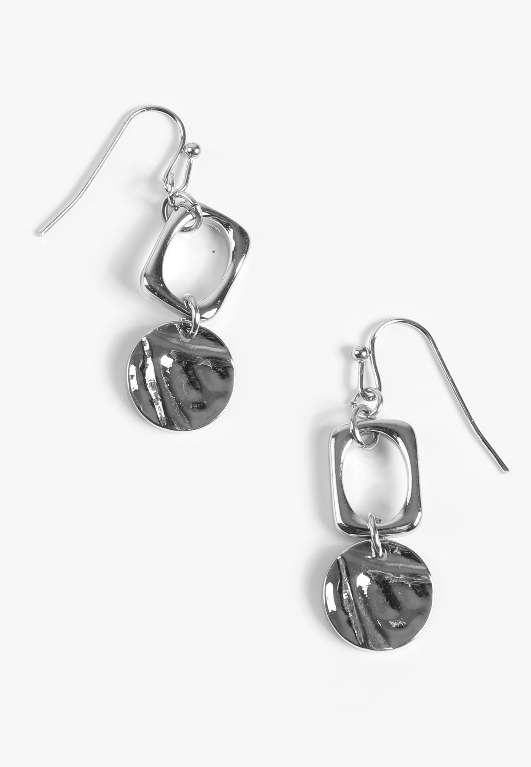 Silver Open Square Link Disc Drop Earrings