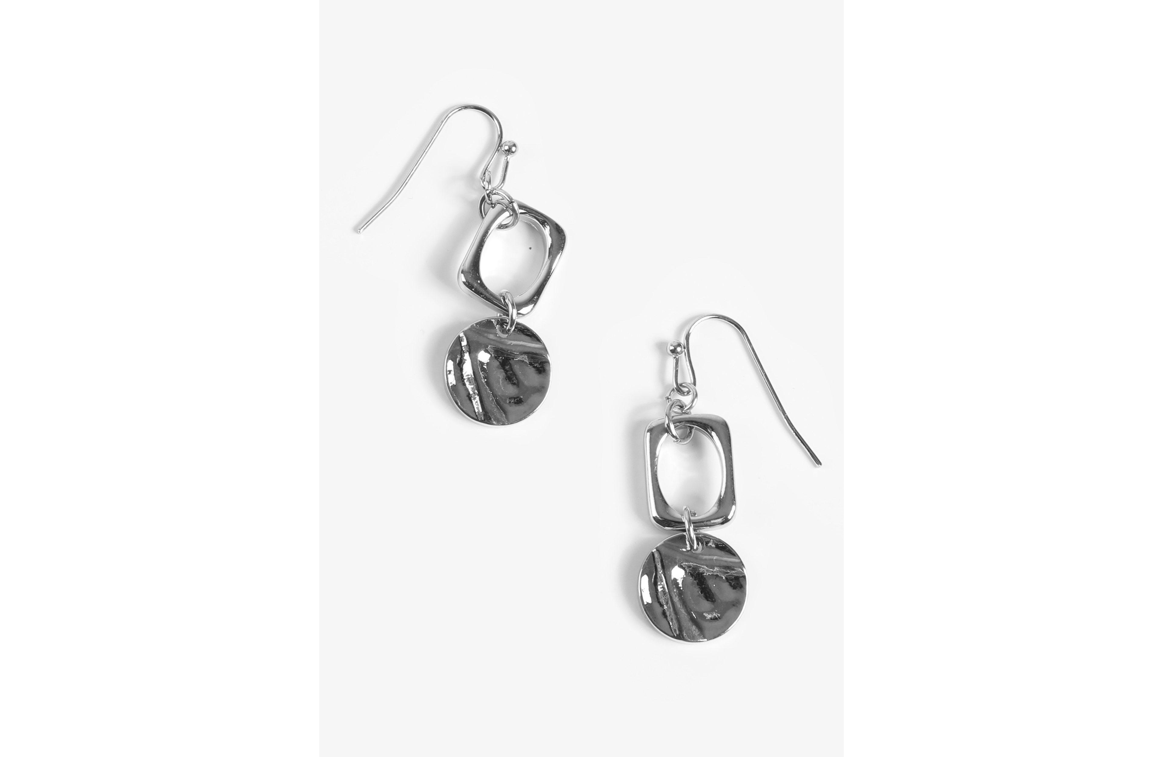 Silver Open Square Link Disc Drop Earrings