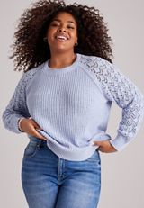 Chenille Pointelle Sleeve Crew Neck Sweater, C9906, small
