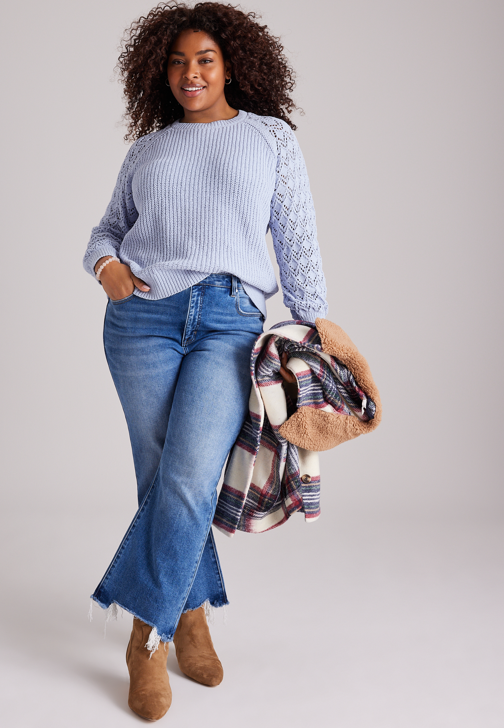 Chenille Pointelle Sleeve Crew Neck Sweater, C9906, large