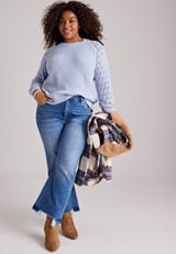Chenille Pointelle Sleeve Crew Neck Sweater, C9906, small