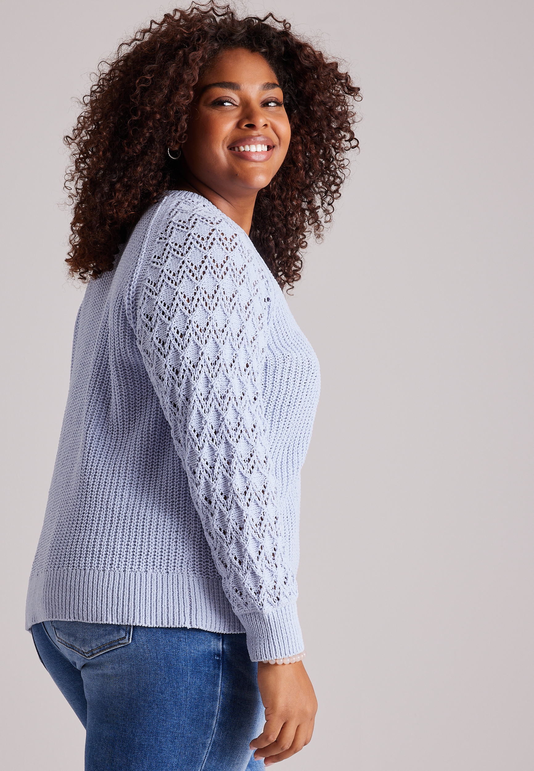 Chenille Pointelle Sleeve Crew Neck Sweater, C9906, large