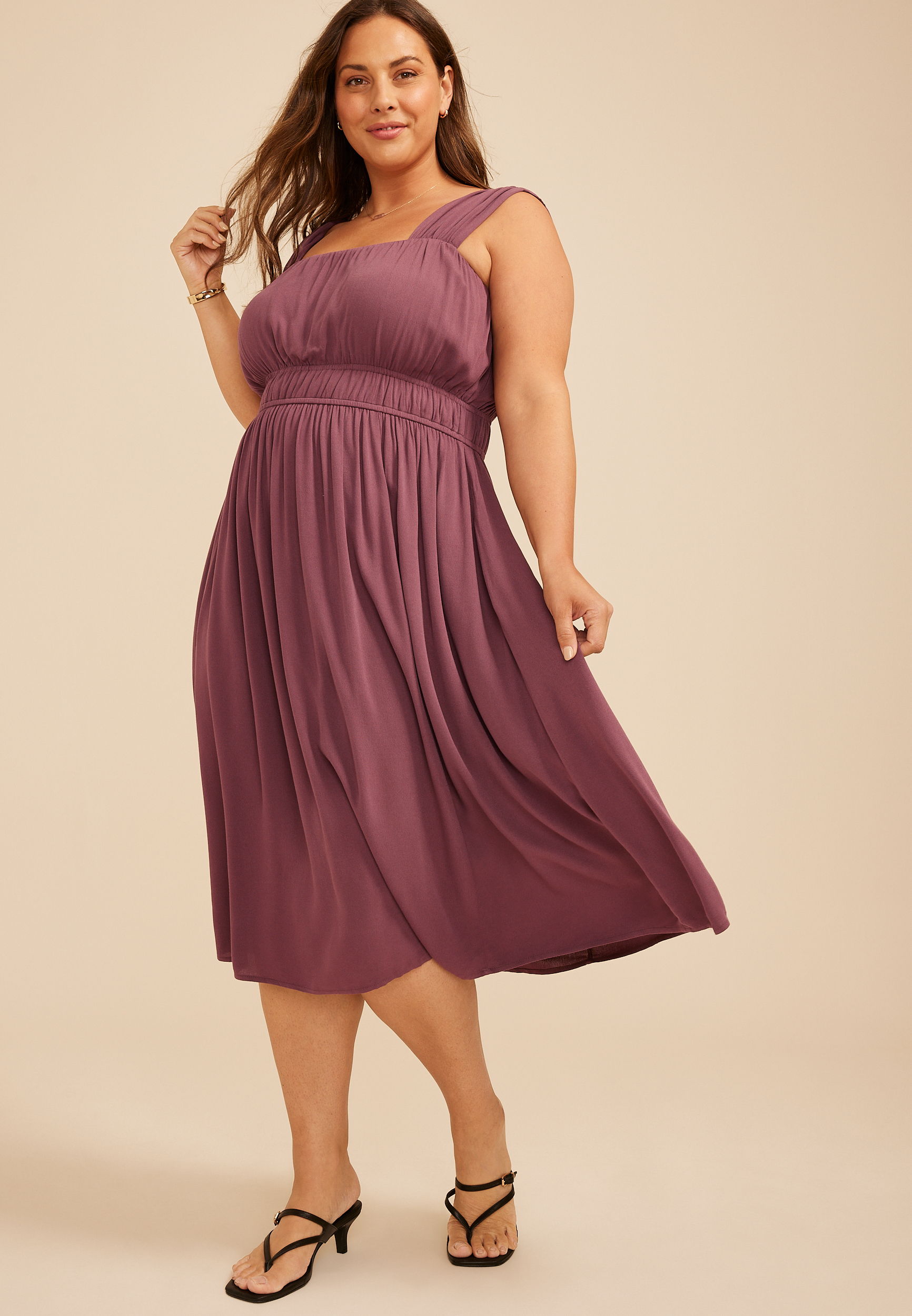 Plus Size Bare Ruched Empire Waist Midi Dress 
