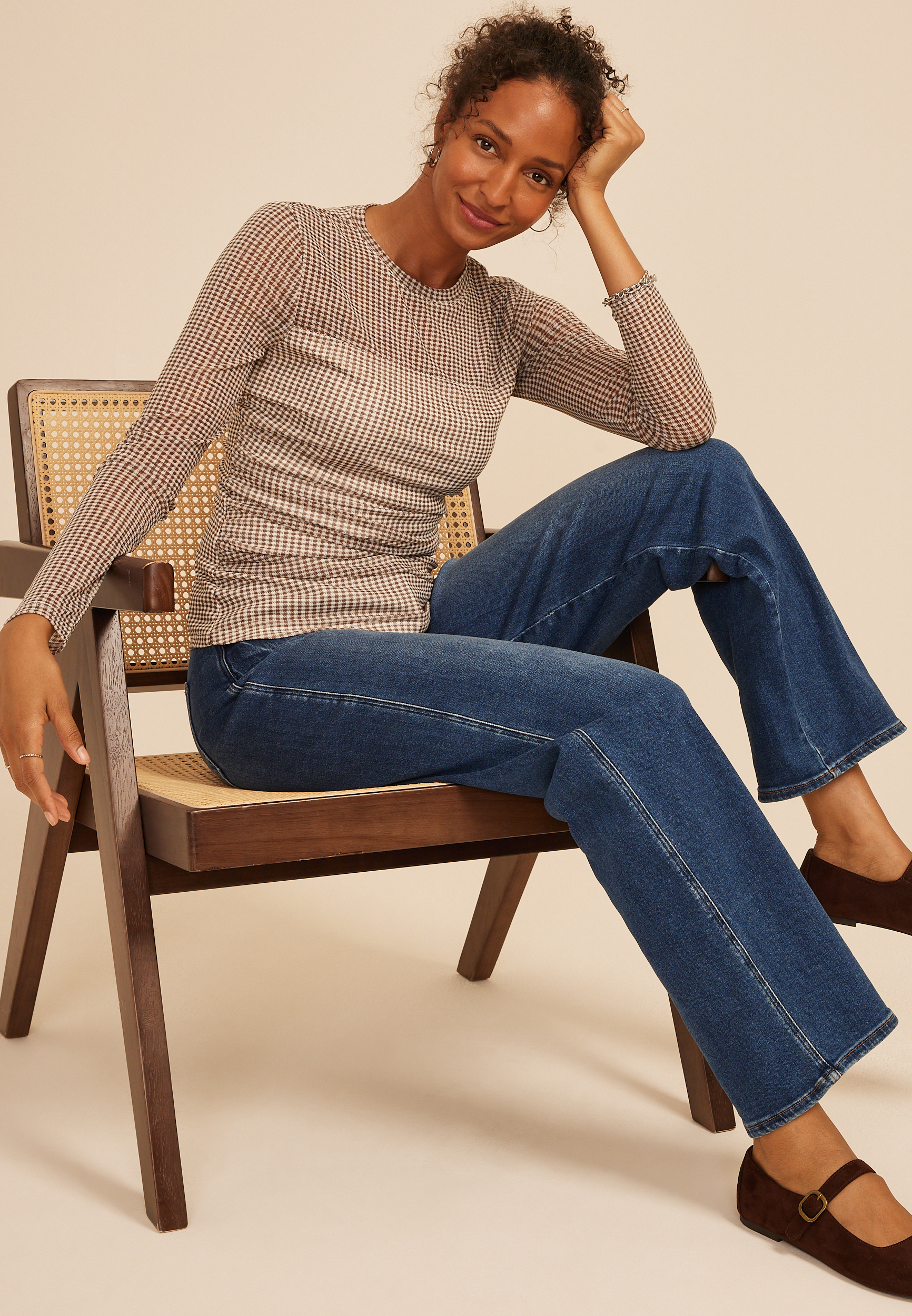 Gingham Mesh Long Sleeve Top 