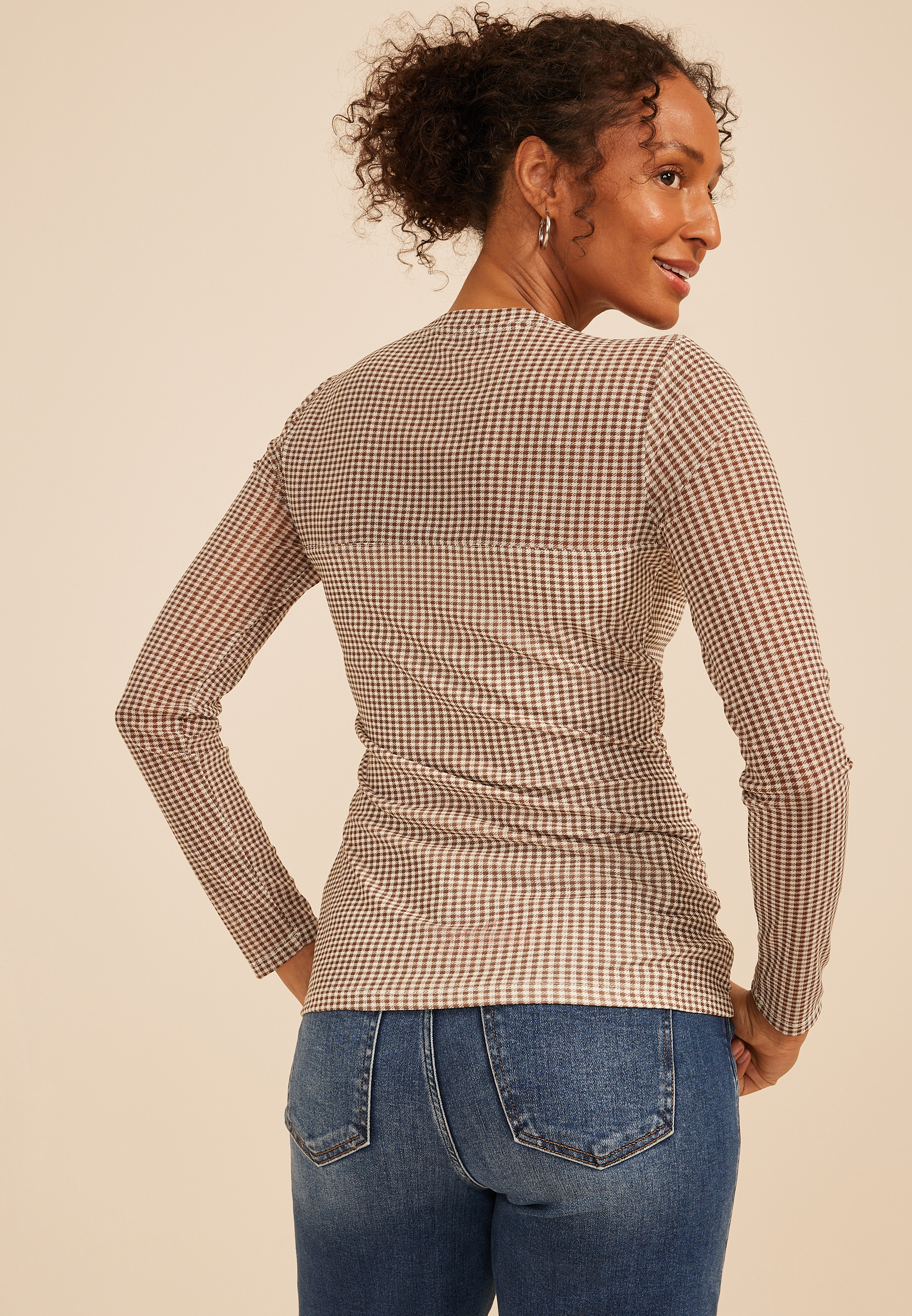 Gingham Mesh Long Sleeve Top, C5487, large