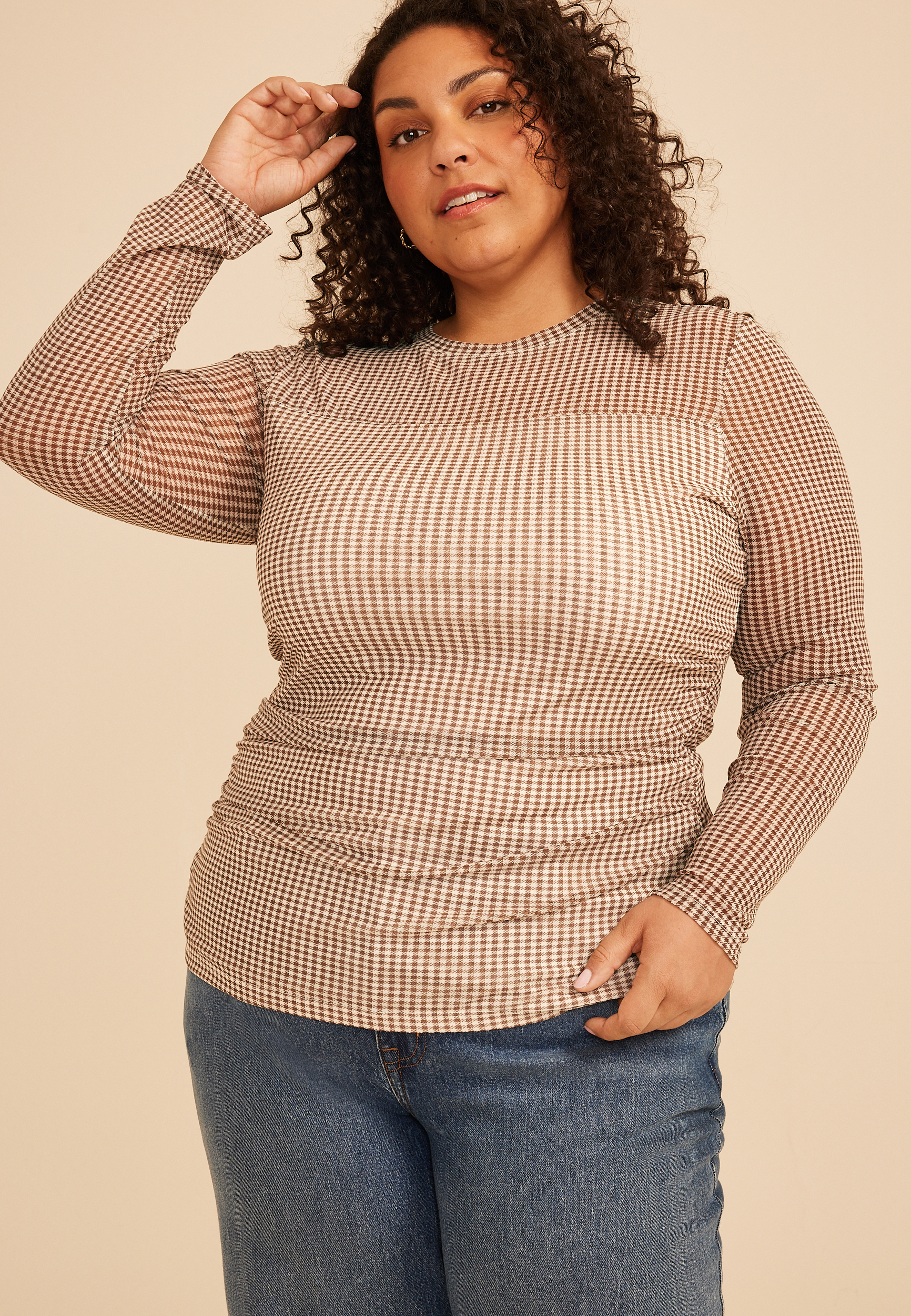 Plus Size Gingham Mesh Long Sleeve Top