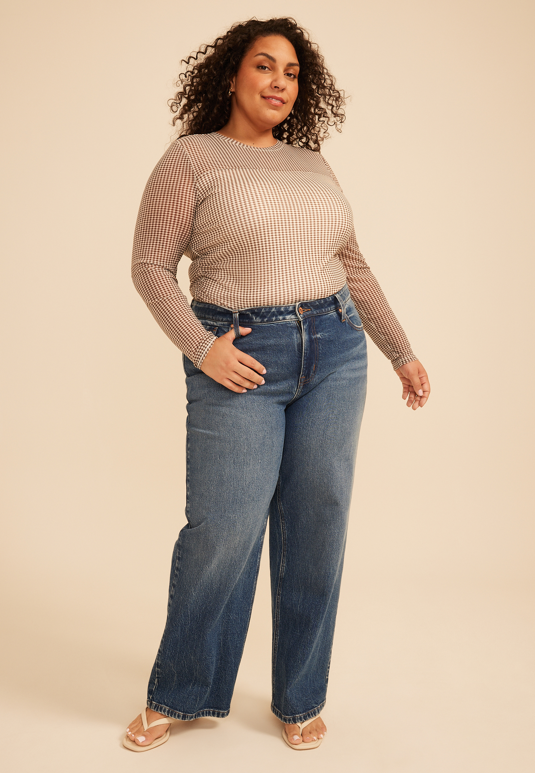 Plus Size Gingham Mesh Long Sleeve Top, C5487, large