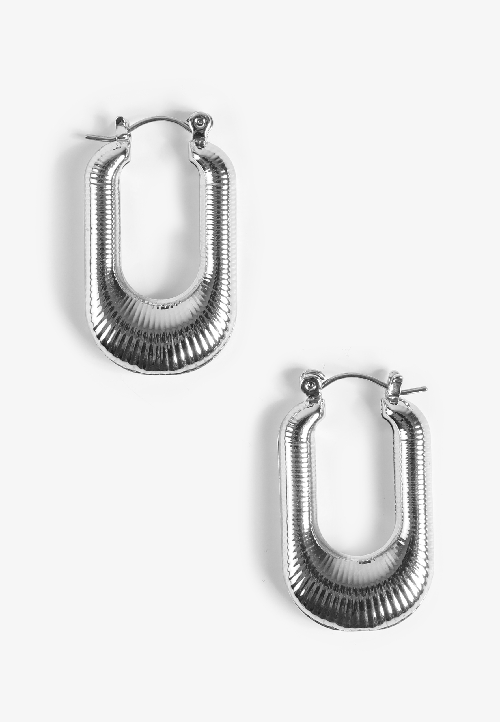 Silver Ridged Oblong Hoop Earrings