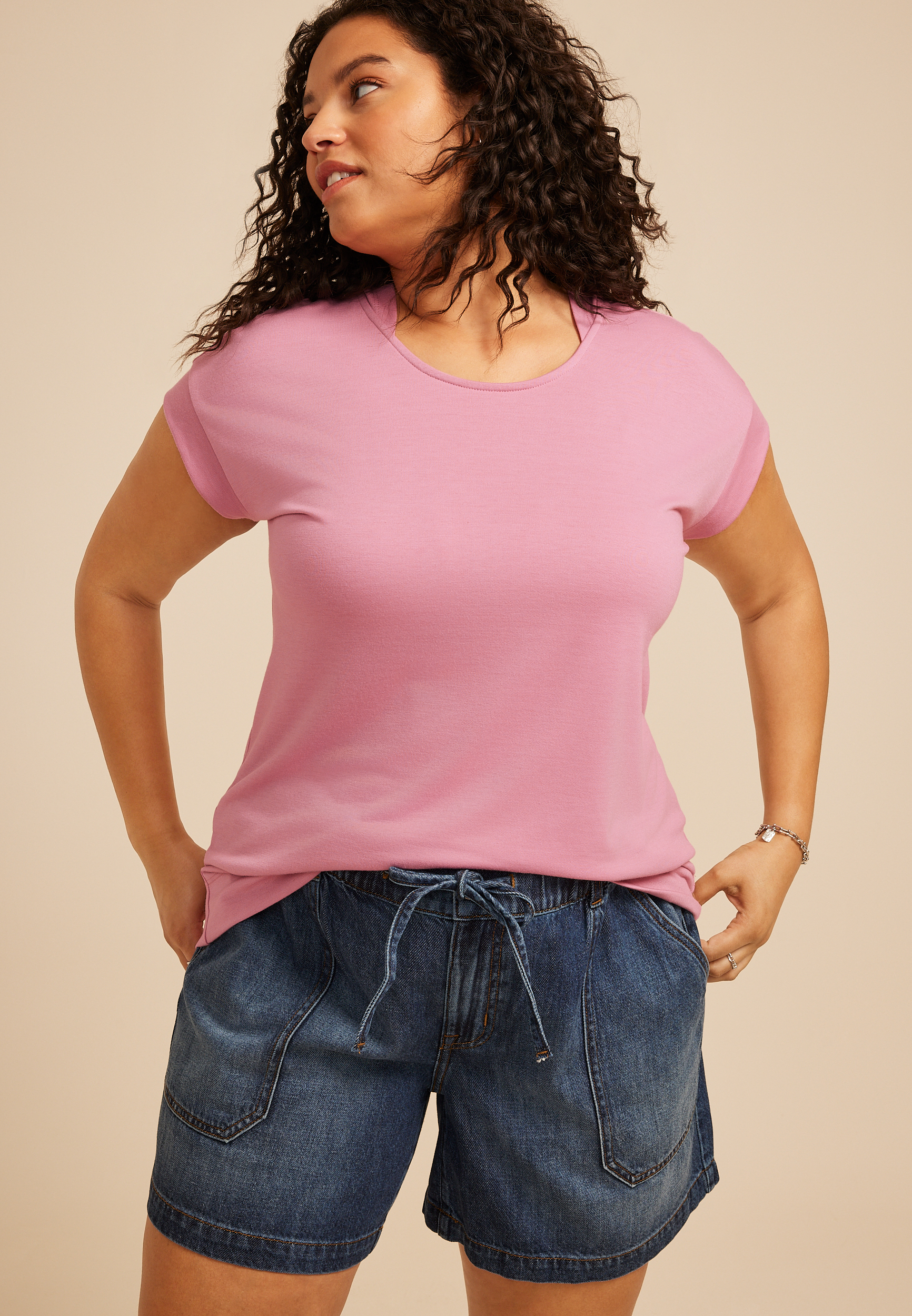 Plus Size French Terry Short Sleeve Hooded Top
