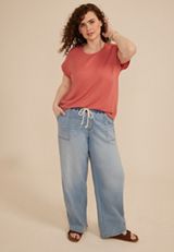Plus Size French Terry Short Sleeve Hooded Top, C8098, small
