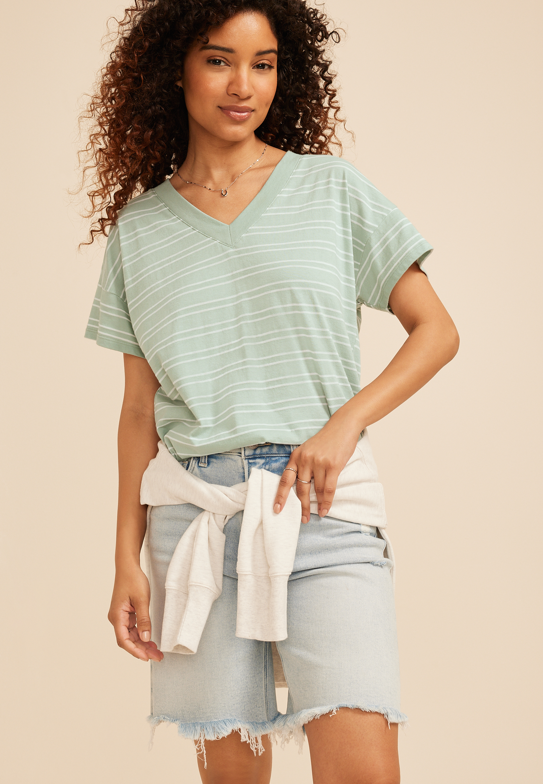 24/7 Relaxed Striped V Neck Tee