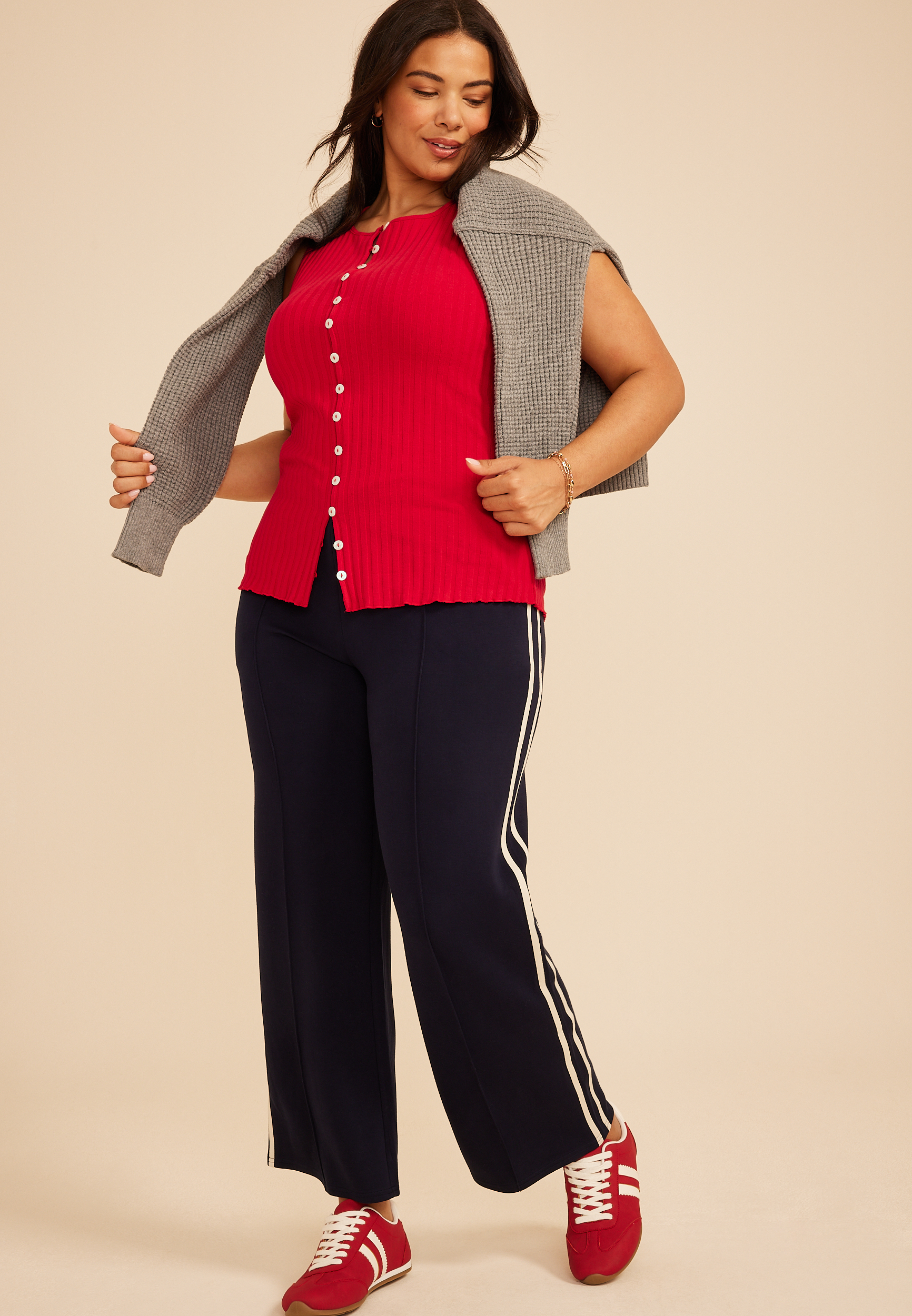 Plus Size Chunky Ribbed Button Front Tank Top, C2946, large