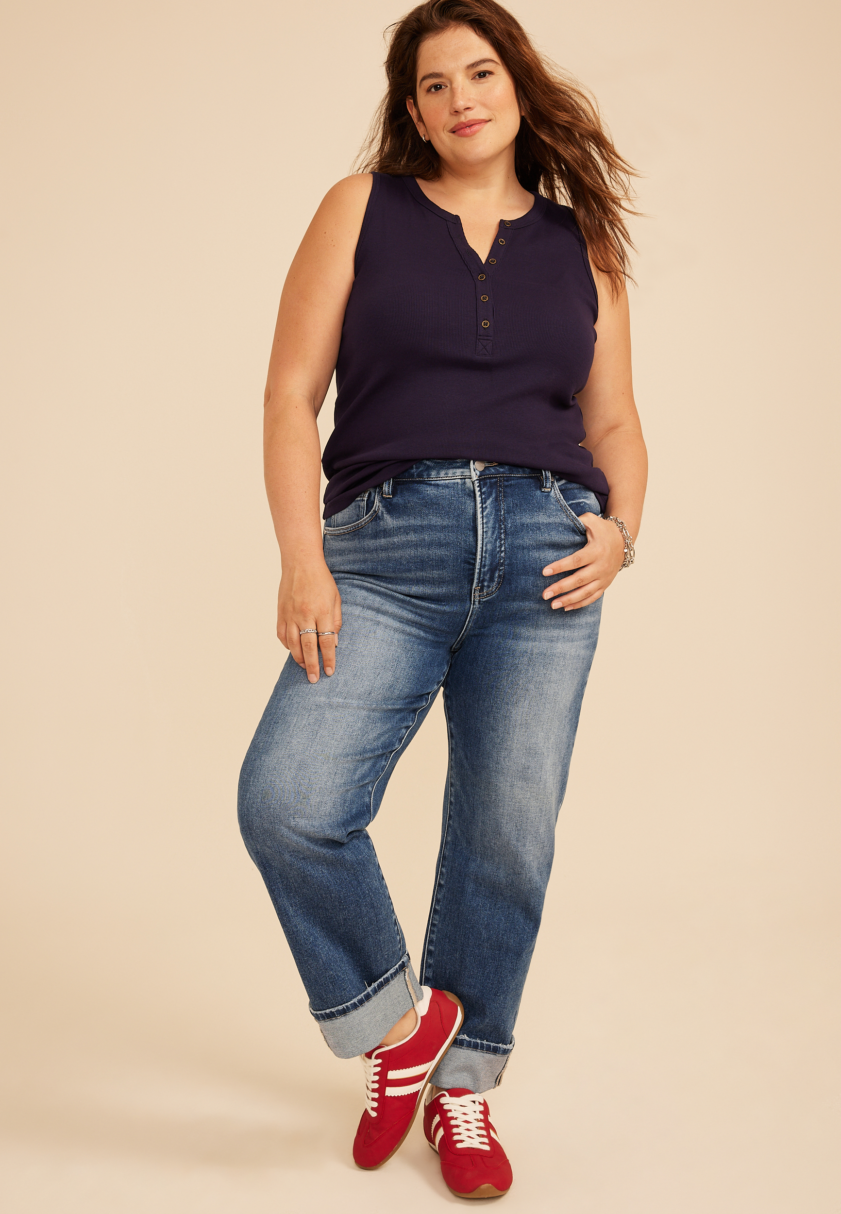 Plus Size Risen&reg; High Rise Tummy Control Panel Cuffed Hem Straight Jean, C258, large