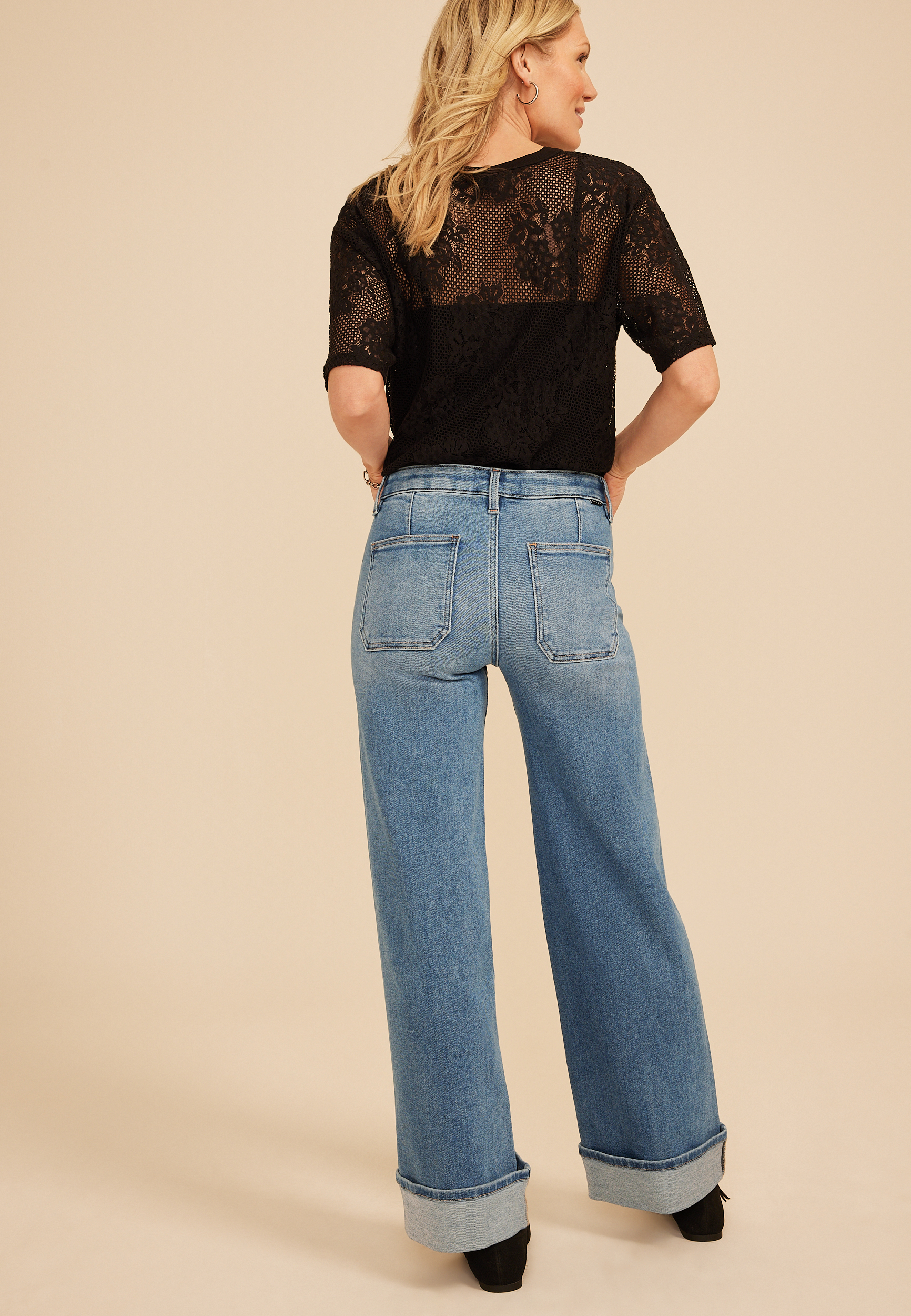 Risen&reg; Mid Rise Tummy Control Panel Comfort Waist Wide Patch Pocket Leg Jean, C3337, large